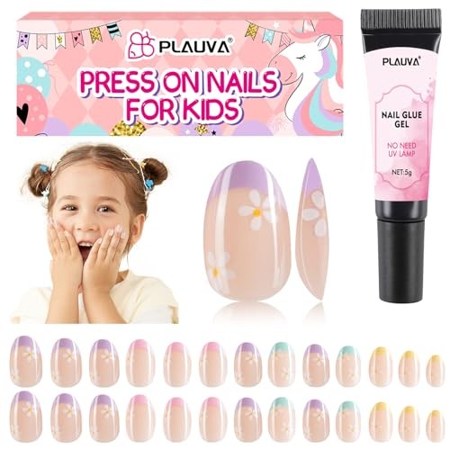 Plauva 26 Pieces Press on Nails for Kids, Children Flower Fake Nail for Floral