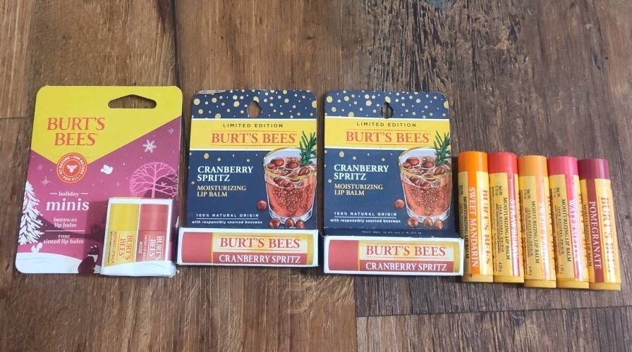 Burts Bees ASSORTED Lip Balm Lot Cranberry Spritz Mandarin Strawberry Peach…