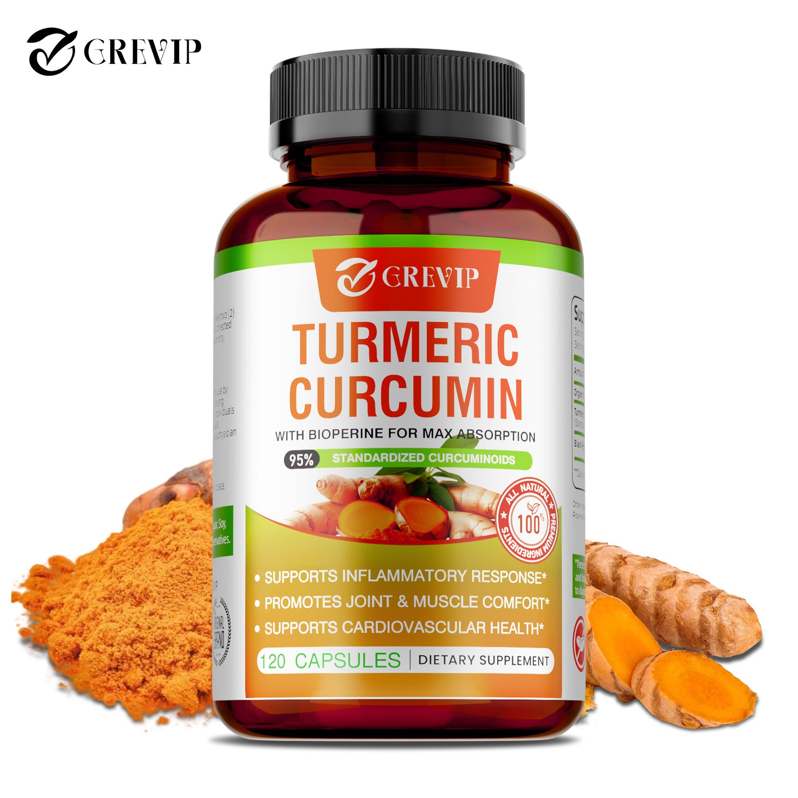 Turmeric Curcumin Supplement 120pcs – Improves Digestion and Absorption, Non-GMO