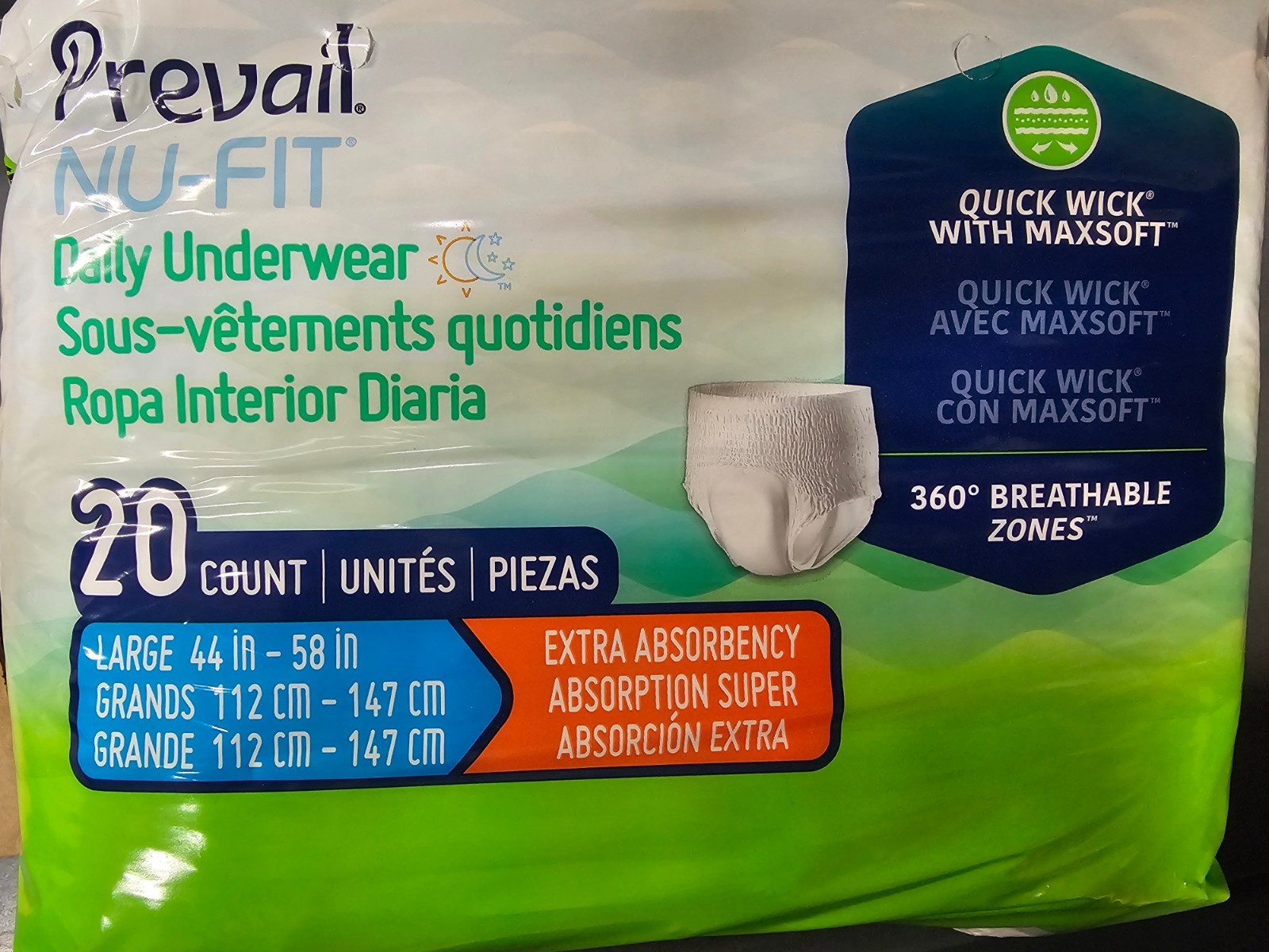 Prevail Nu-Fit Adult Unisex Daily Underwear/Diapers – Large – Pack of 20