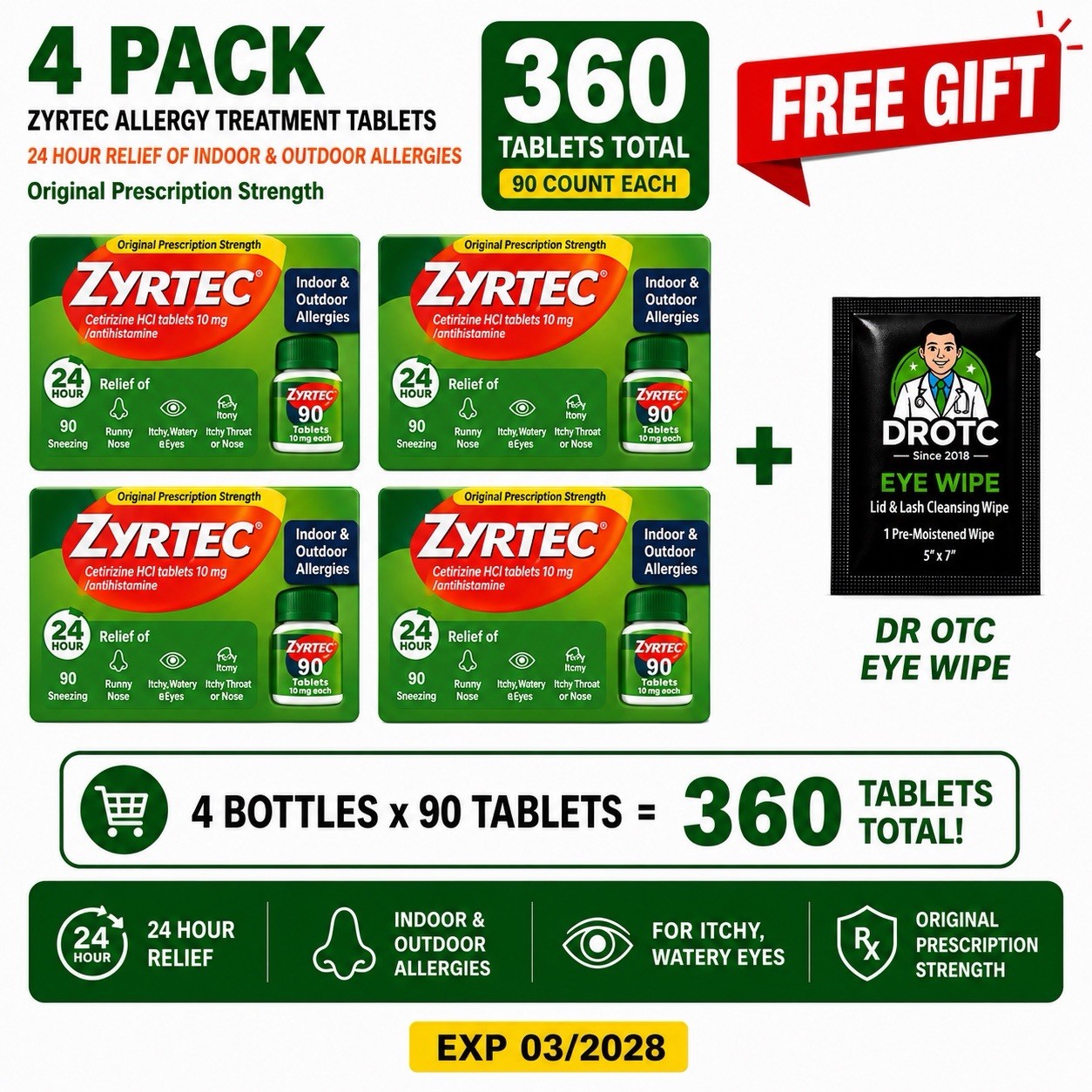 Zyrtec Allergy Treatment Tablets 60+60+60+60=240 Count Total 4-Pack Ex 03/2028