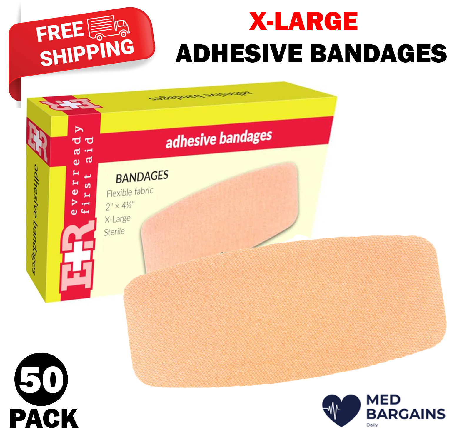 Ever Ready First Aid Adhesive Bandages 2″ x 4-1/2″ X-Large Flexible – 50 Pack