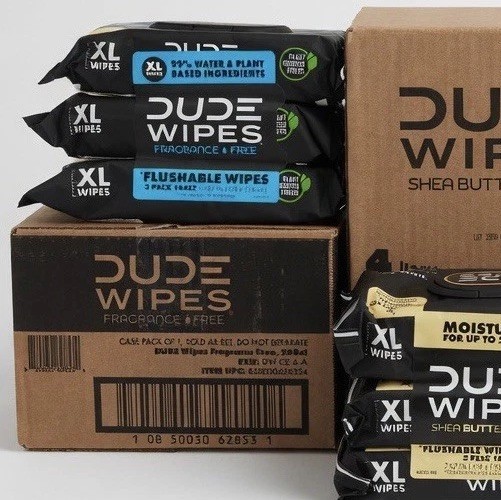 Case of Dude Wipes unscented Flushable 12 packages in box with 48 wipes each.