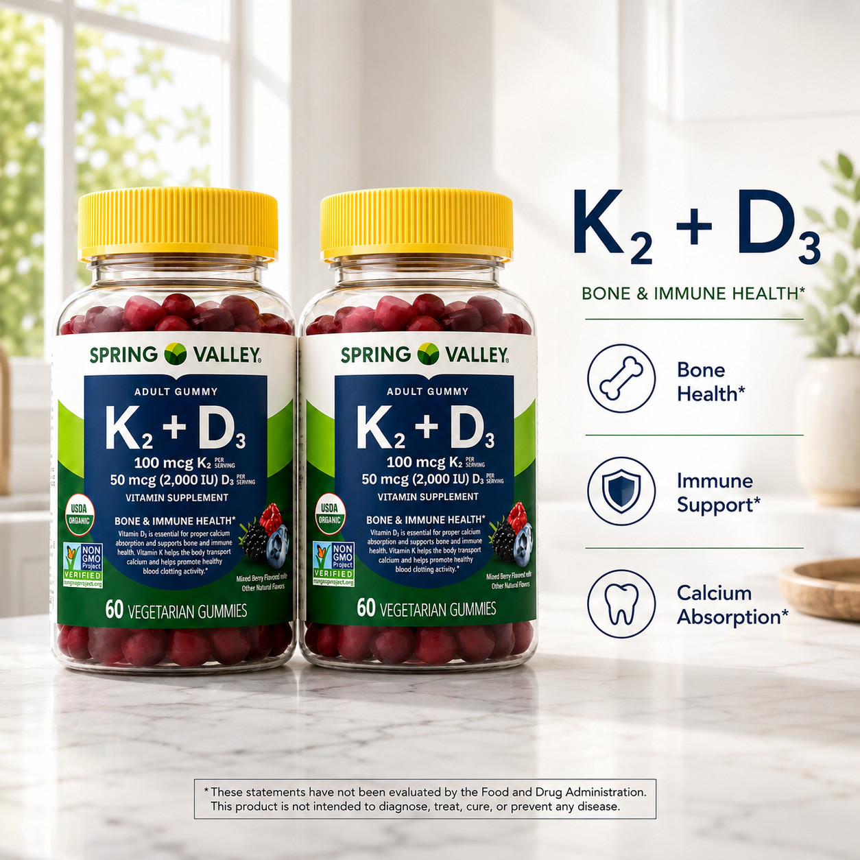 Spring Valley Vitamin K2 + D3 Gummies 2 Pack 60 Ct Bone Immune Support