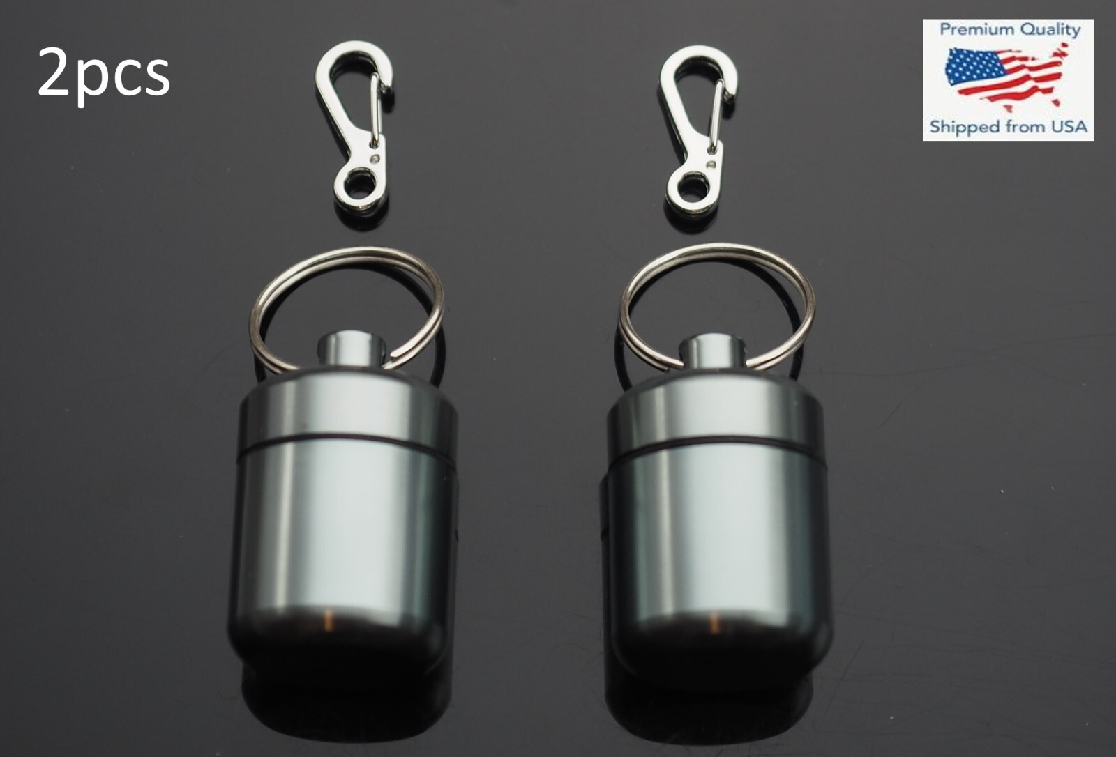 2 PCS Waterproof 1″ Wide Pill Capsule Bottle Keychain Clip Gun Metal Gray Glossy