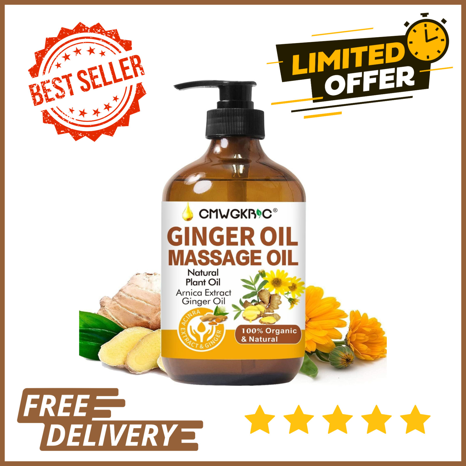 Ginger Oil,Ginger Massage Oil for Lymphatic Drainage,Natural Body Oil for Skin,A