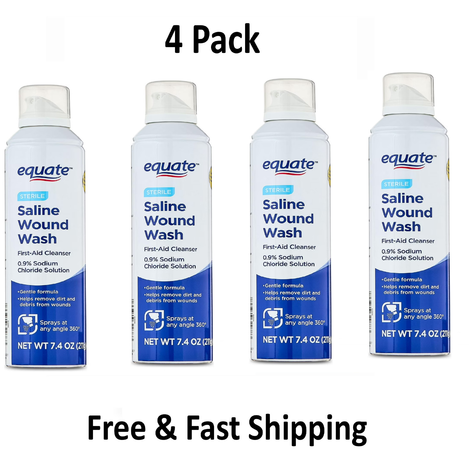 (4 pack) Equate Sterile Saline Wound Wash Spray, First-Aid Cleanser, 7.4 fl oz.