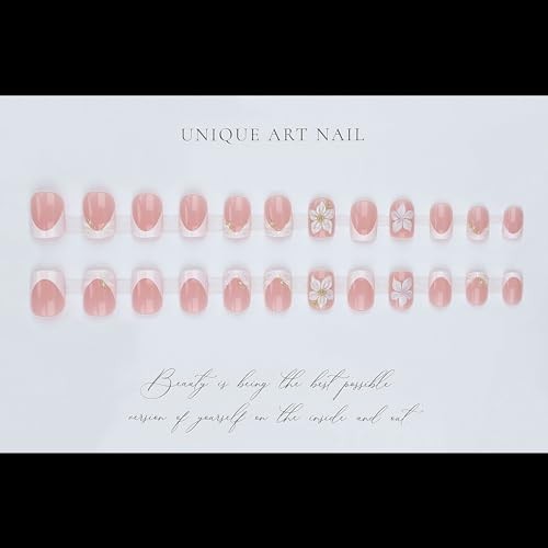 CTTHNBD Short Press on Nails Square – White French Tip Fake White Floral -1