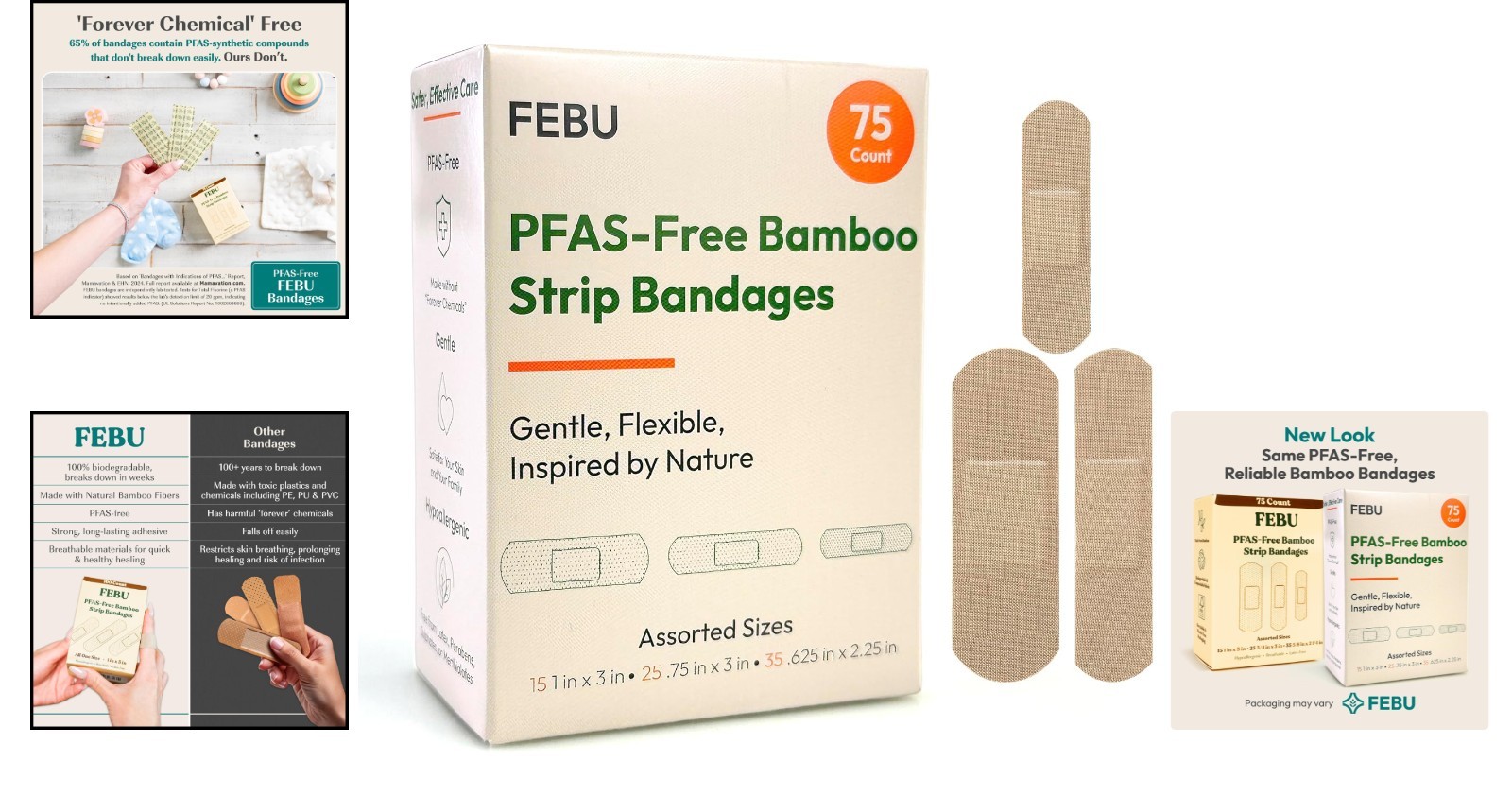 Biodegradable Bamboo Bandages – PFAS Free, 75 Count for Eco-Conscious First Aid