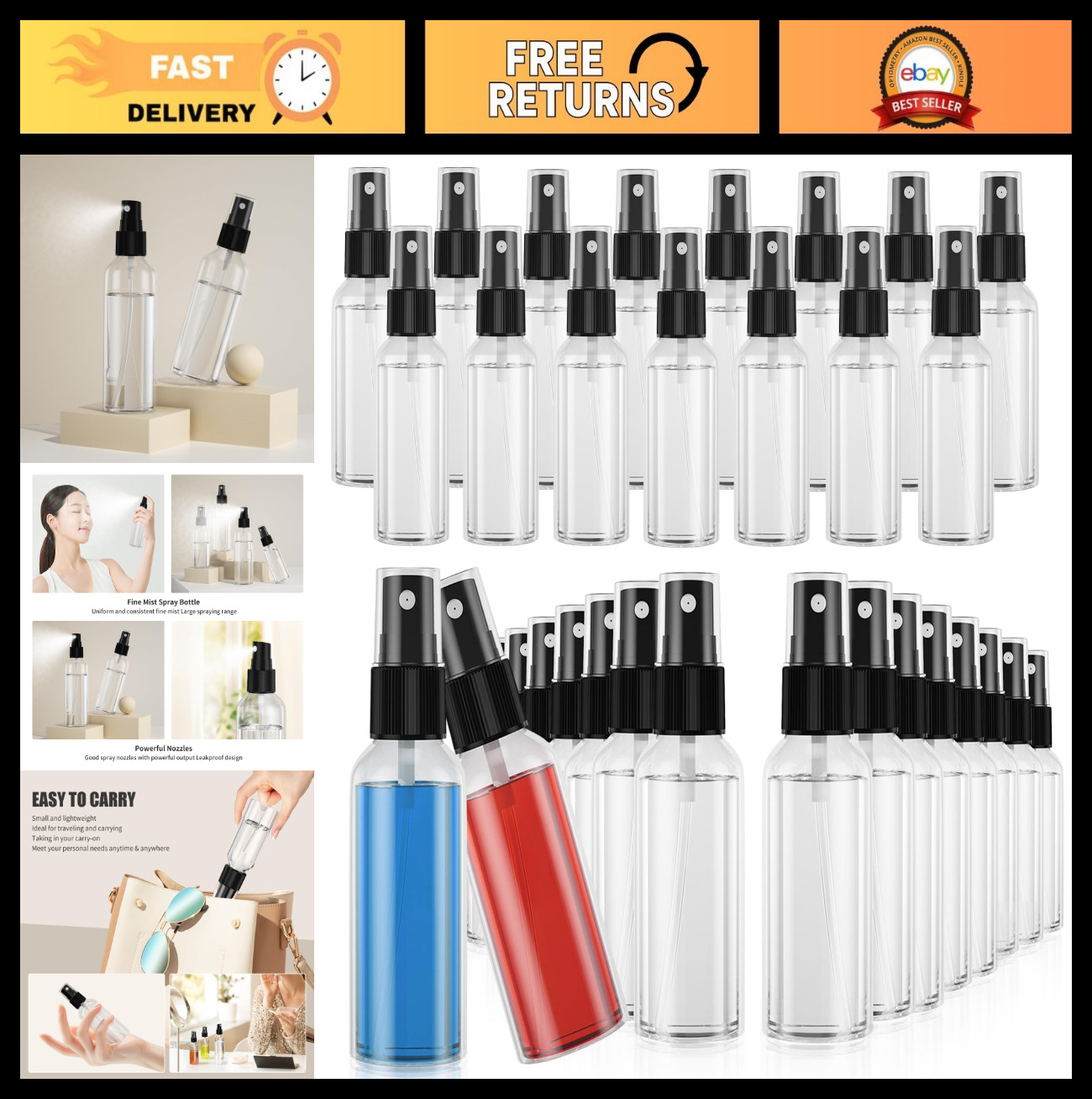 50PCS 3.4oz Clear Travel Spray Bottles – Refillable Fine Mist for Skin, Hair, Pl