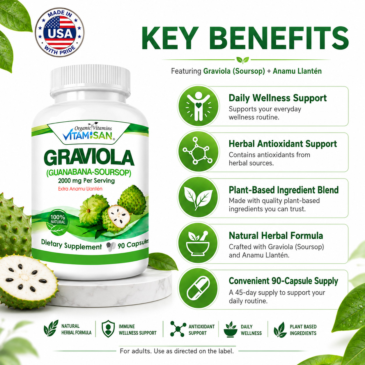 GRAVIOLA SOURSOP 2000 MG 3 BOTTLES PURE PER SERVING BOOSTER 270 CAPSULES ANNONA