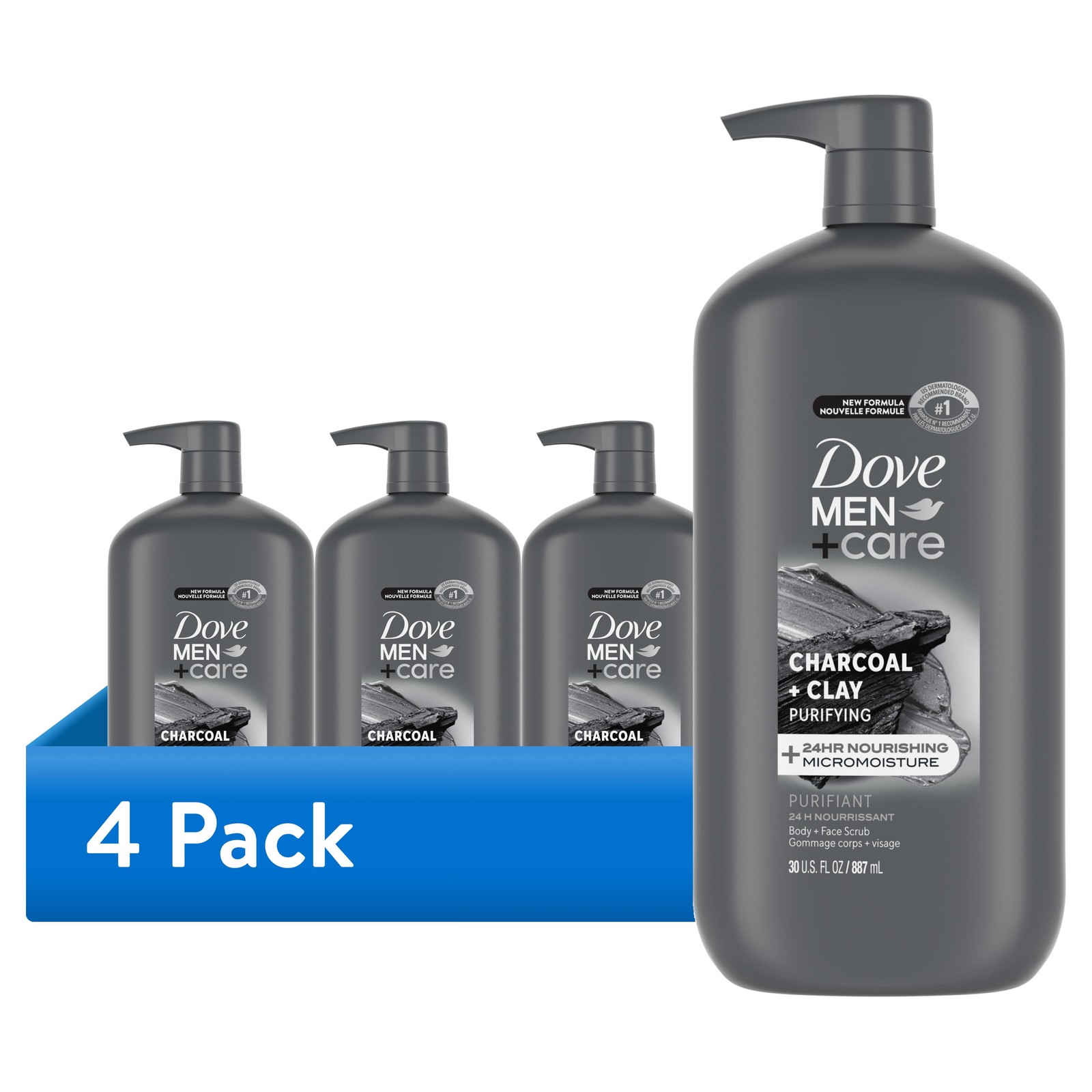 Mens Charcoal Clay Exfoliating Body Face Scrub Wash 30 fl oz 4 Pack Moisture