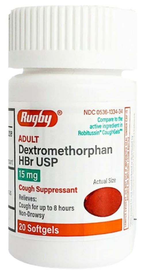 Rugby Dextromethorphan 15mg – 20 Softgels | Robitussin Cough Gel 3-2025 (5 Pack)