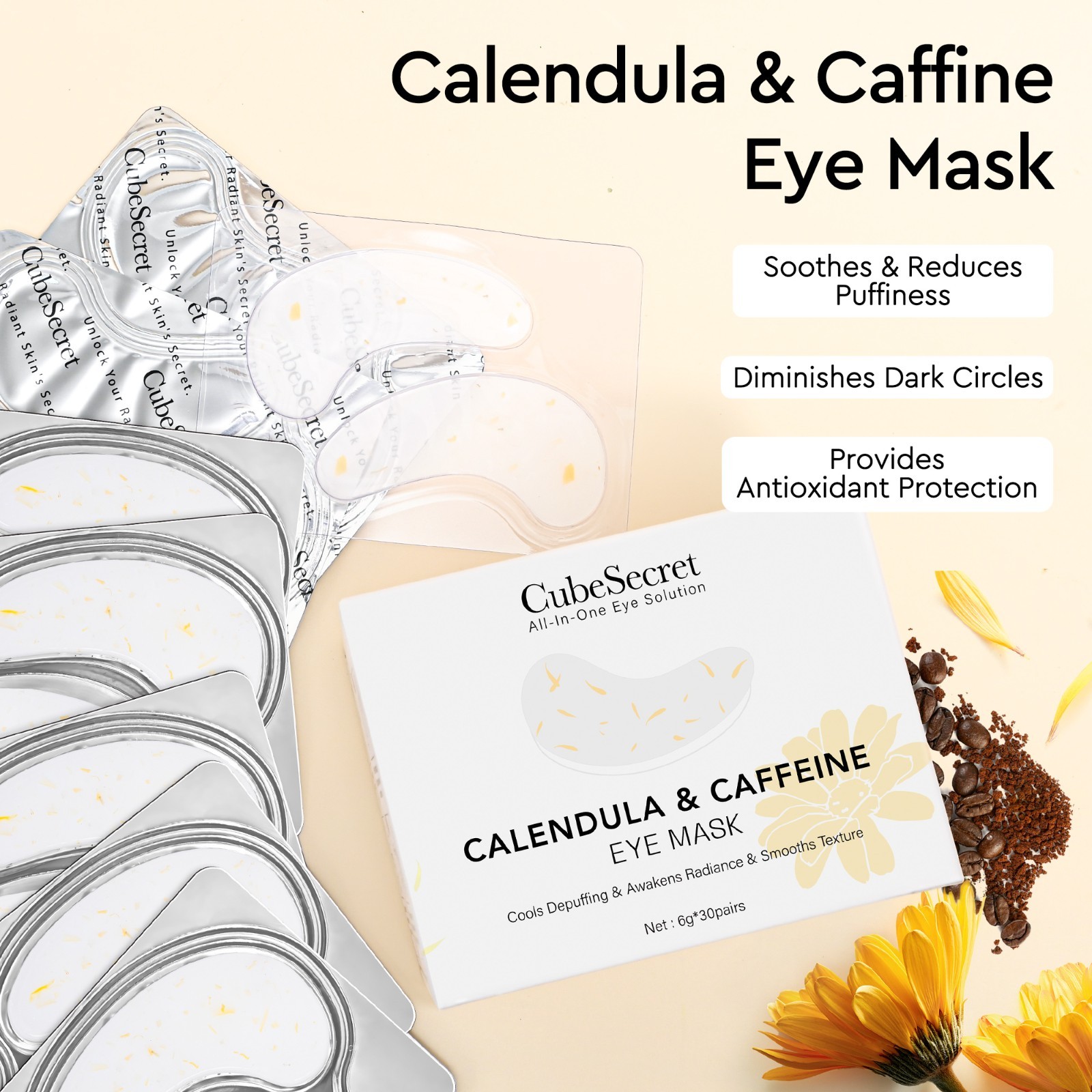 30 Pairs Calendula Caffeine Under Eye Patches Dark Circles Puffiness Mask