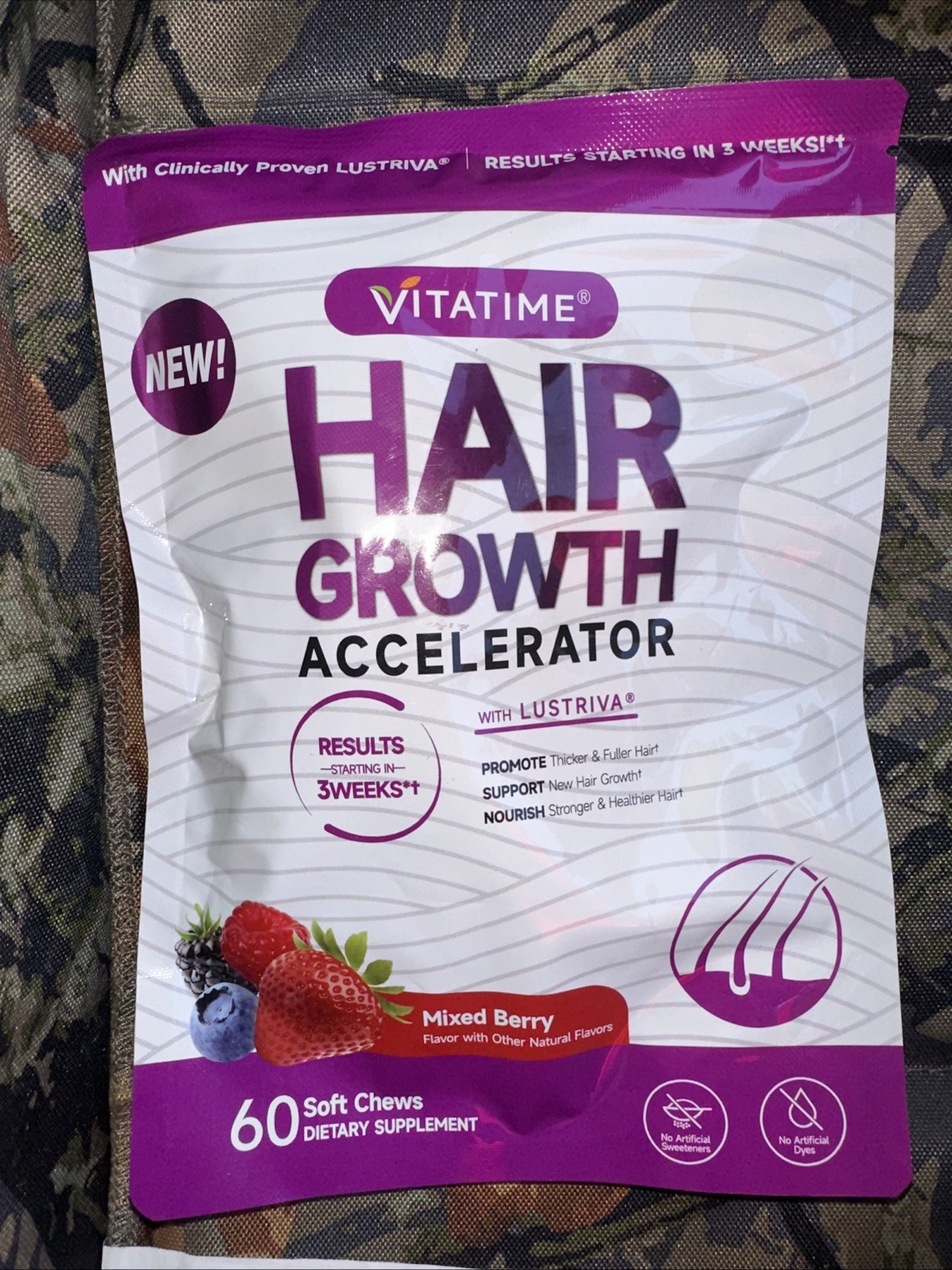 Vitatime Hair Growth Biotin Mixed Berry Soft Chews Vitamins Women w Lustriva 60
