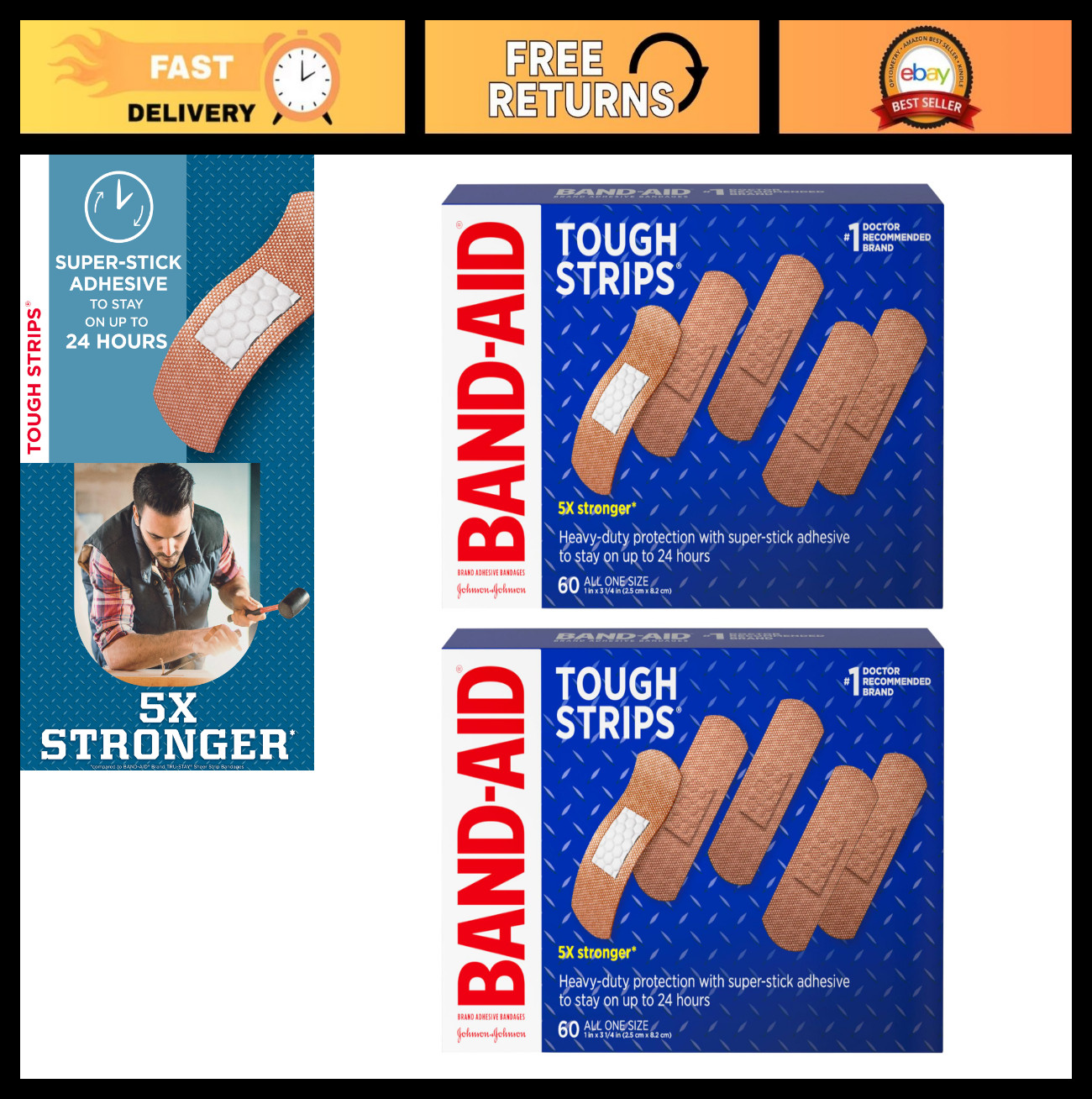 Tough Strips Adhesive Bandages – Durable Wound Care for Cuts & Scrapes, 2 Pack