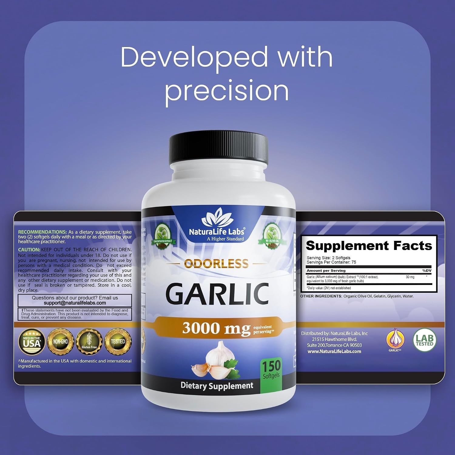 Odorless Garlic 150-Count Softgels – Gluten-Free, Non-GMO, Garlic & Olive Oil…