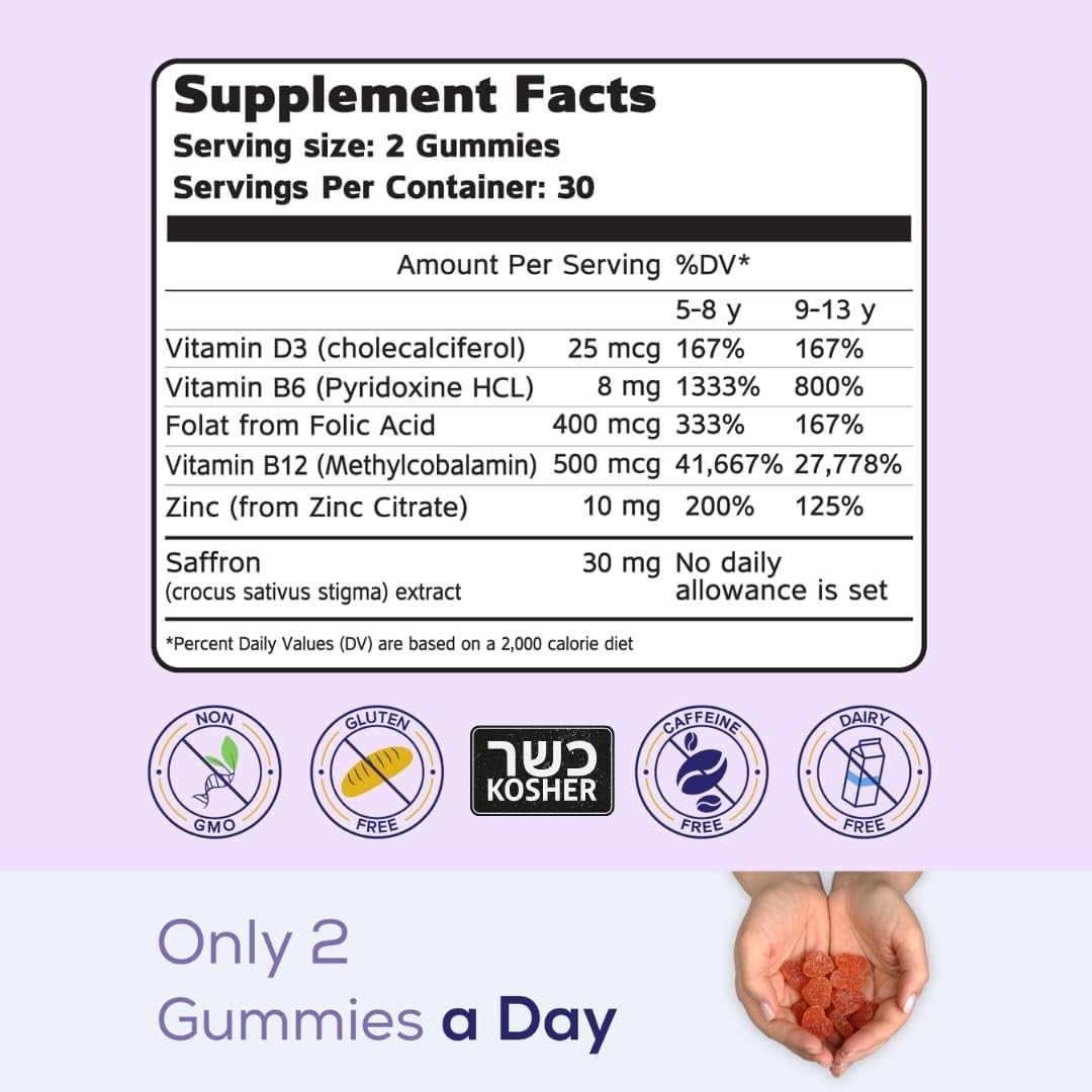 Brain Booster+ 30mg Pure Saffron Extract Gummies & Multivitamin D3,B6,B12,zinc