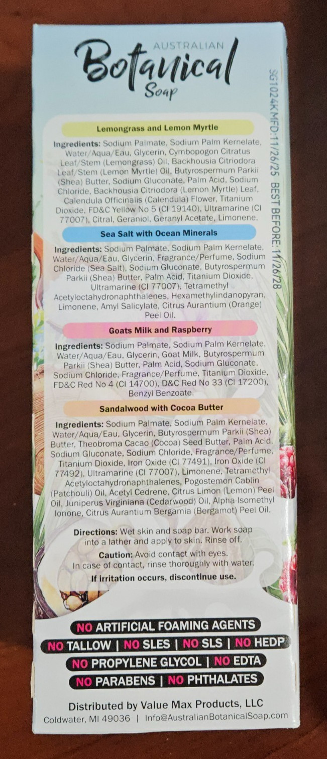 8 Australian Botanical Soap Goat Milk Sea Salt Lemongrass Sandalwood Exp 11/2028