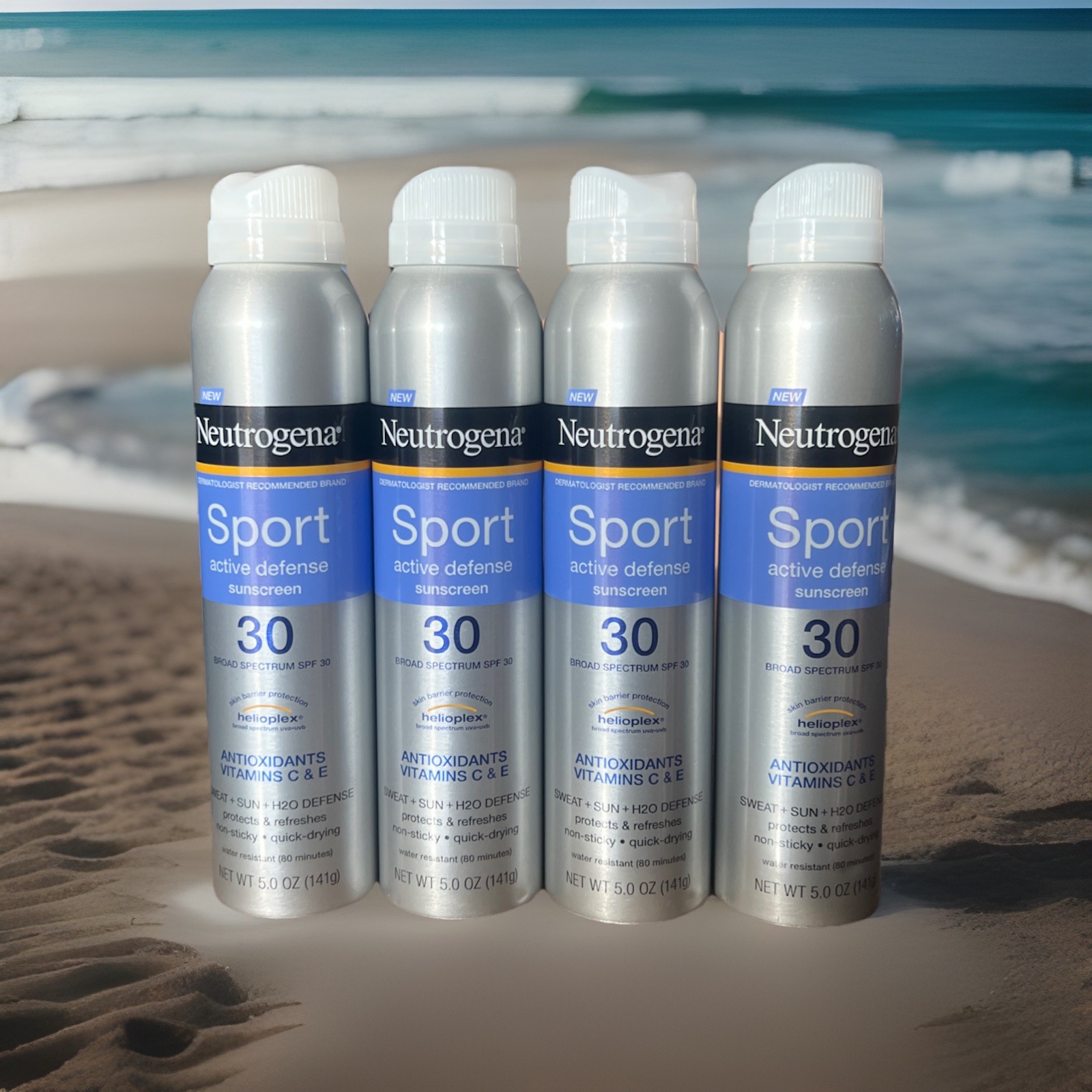 Lot of 4 Neutrogena Sport Active Defense Sunscreen Spray SPF 30 5oz Exp: 09/26