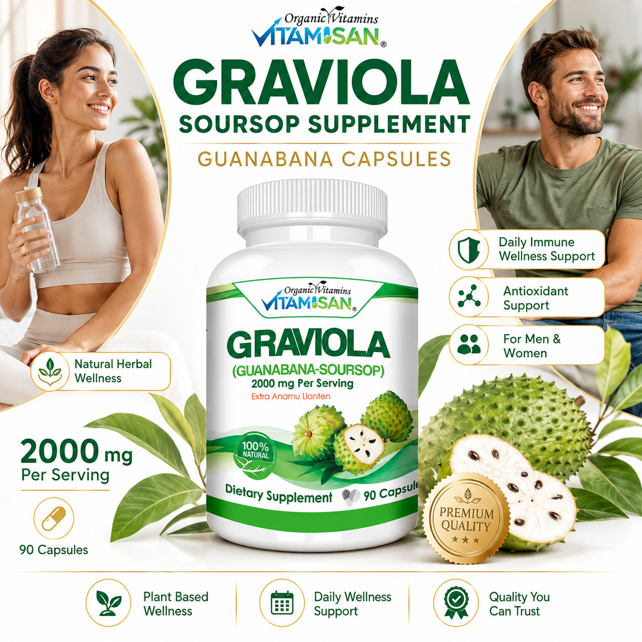 GRAVIOLA SOURSOP 2000 MG 3 BOTTLES PURE PER SERVING BOOSTER 270 CAPSULES ANNONA