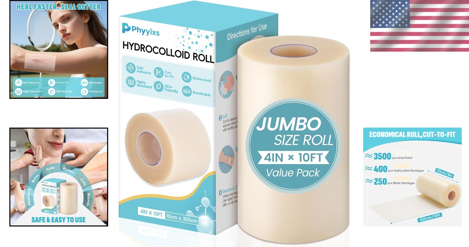Hydrocolloid Roll 4in x 10ft – Biodegradable Waterproof Dressing for Wound Care