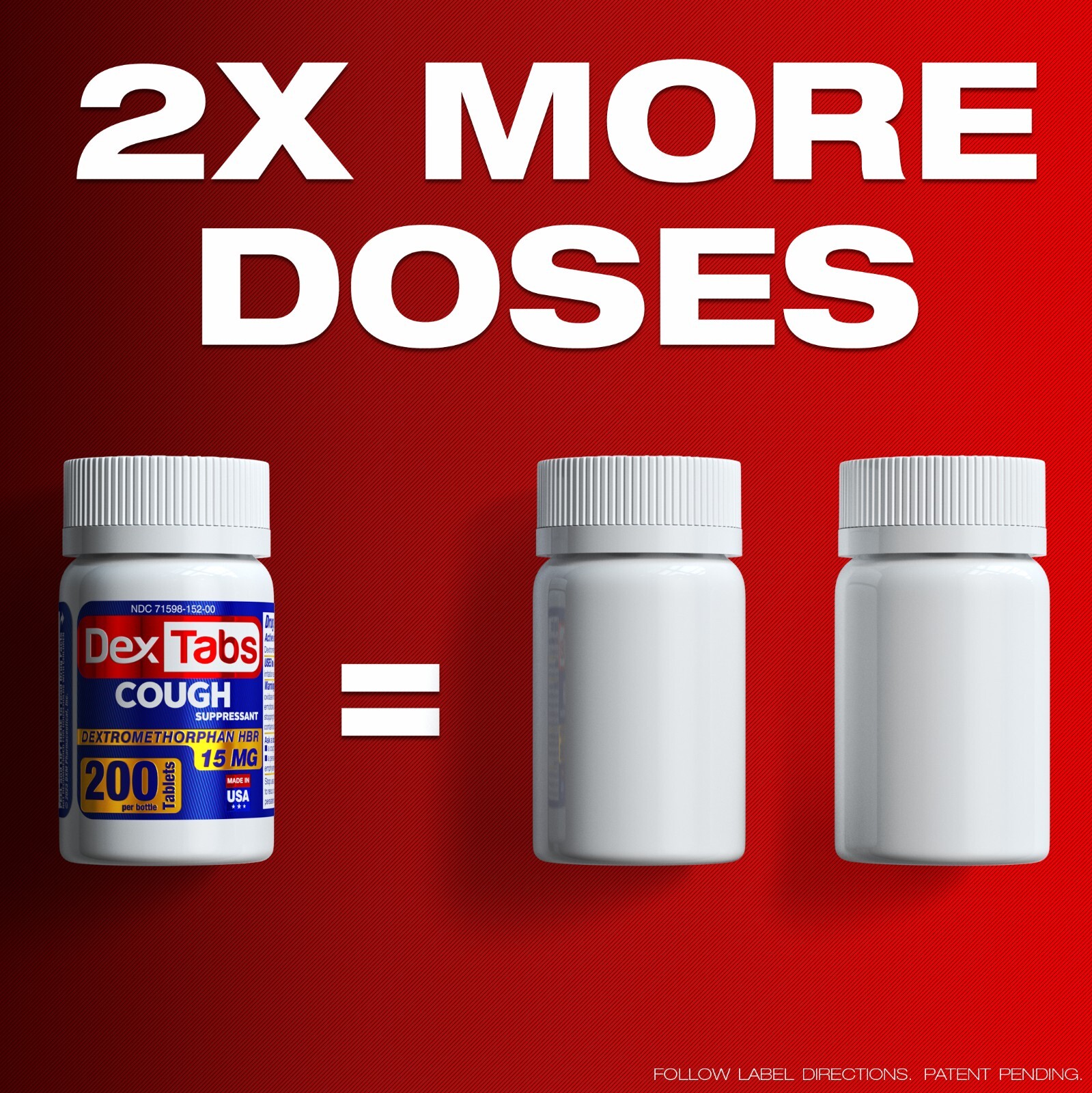 4 PACK DexTabs Cough suppressant, 200 Tablets, 15 mg of Dextromethorphan HBr