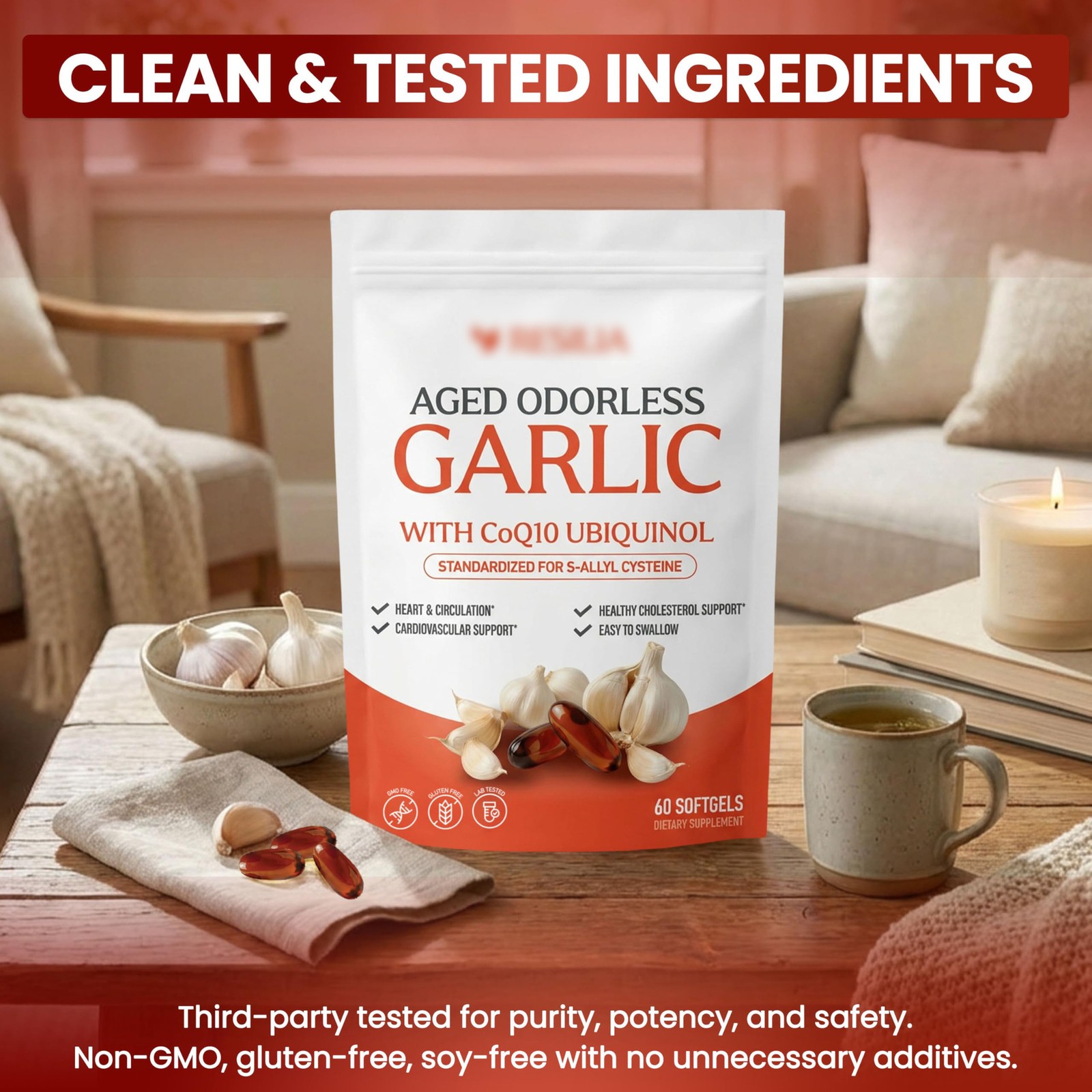 Odorless Aged-Resilia Garlic Extract 600mg Softgels (60 Count) with CoQ10