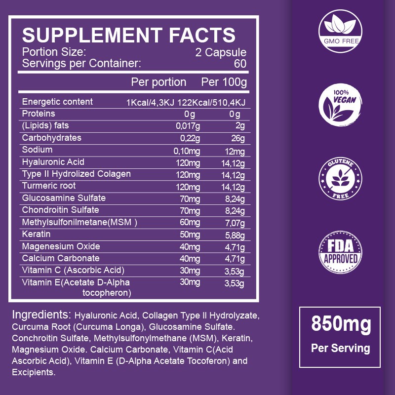 Hyaluronic Acid 850mg Vitamin C 30 mg For Joint and Skin Health 60/120/240 Caps