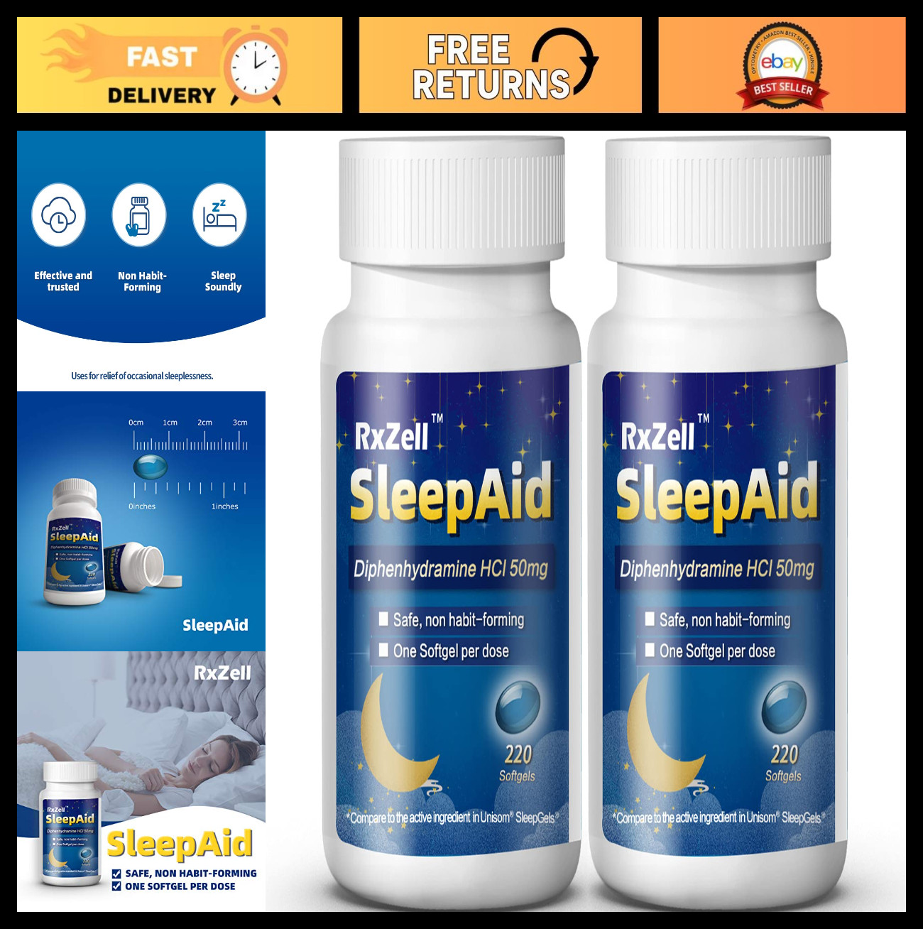 Sleep Aid Softgels 50mg, Easy-to-Swallow Diphenhydramine, Non Habit-Forming, 220
