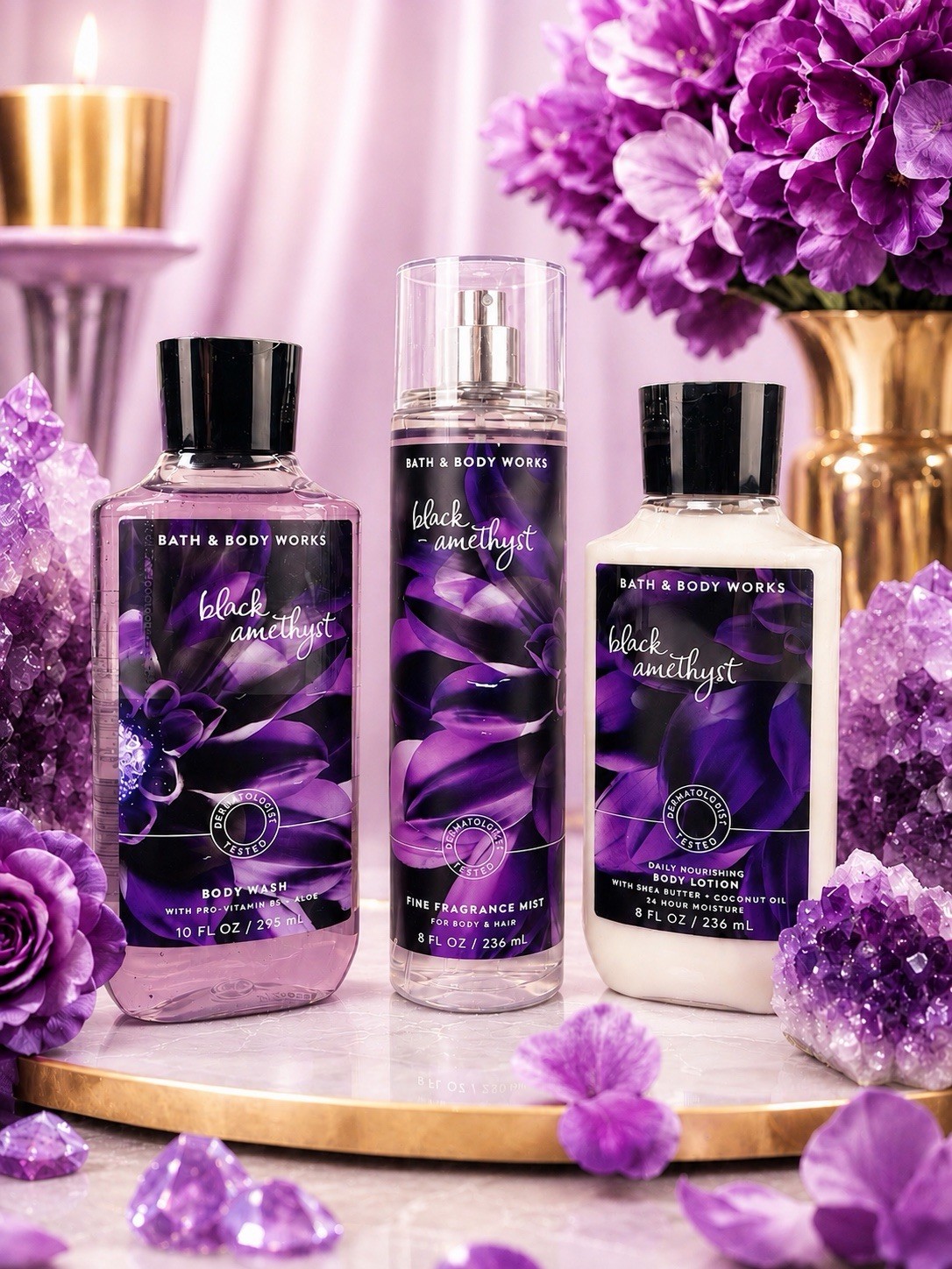 3 Piece BLACK AMETHYST Spray Mist + Body Wash + Body Cream Set BBW