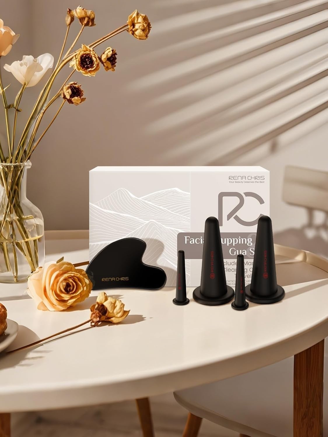Natural Skin Care Facial Cupping Set & Gua Sha Tool in Elegant Black Design