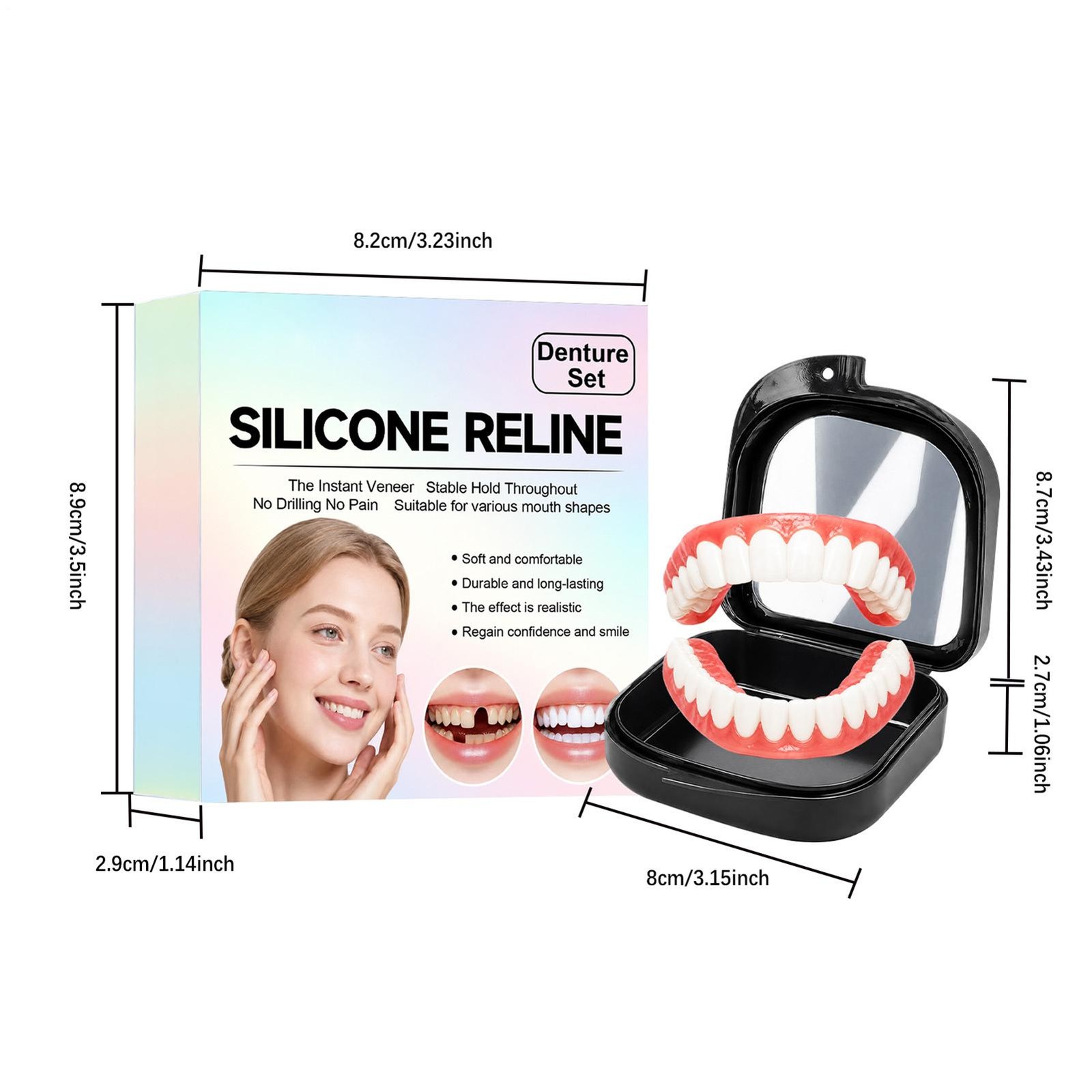 Silicone Denture Reline Kit with Full False Teeth Set Top Bottom Comfort Fit