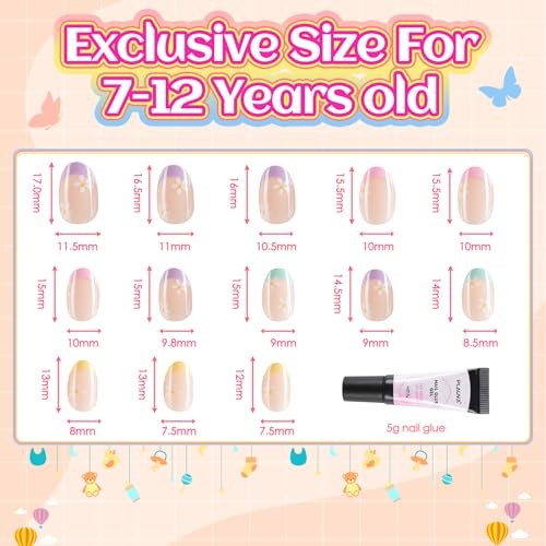 Plauva 26 Pieces Press on Nails for Kids, Children Flower Fake Nail for Floral