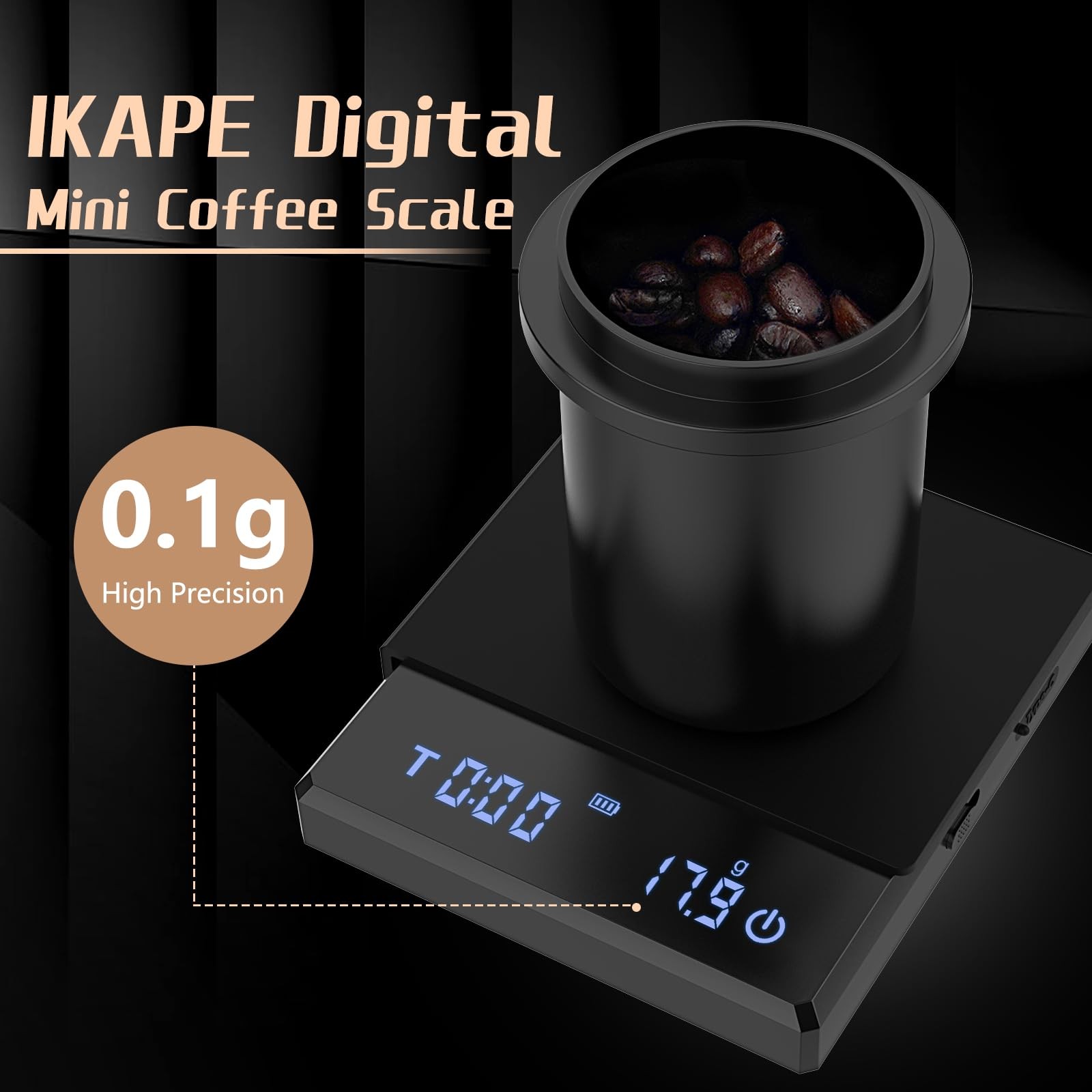 IKAPE Digital Mini Coffee Scale with Timer, 2kg/0.1g High Precision Black