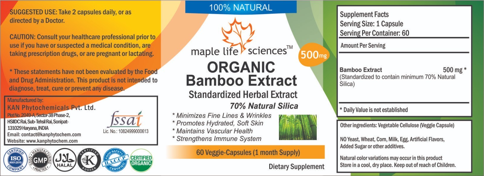 Bamboo Extract Capsules 70% Organic Silica Pure & High Quality