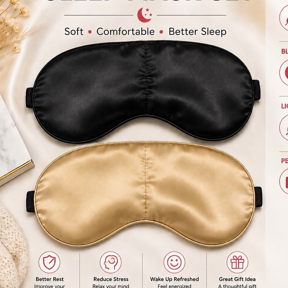 2-Piece Satin Light Blocking Sleep Mask Pack Set, Black & Gold