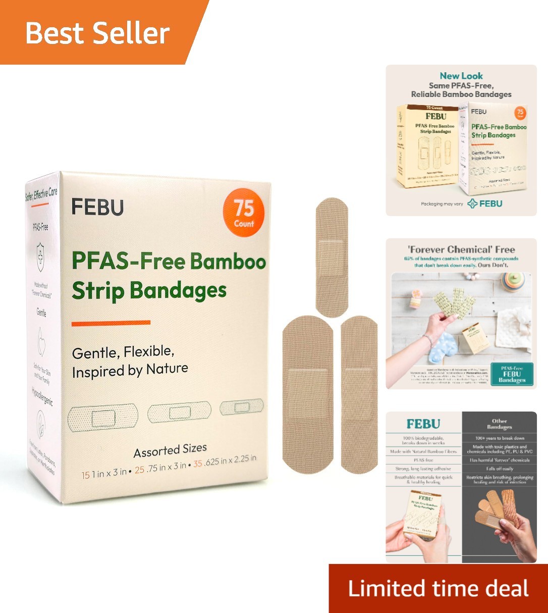 Biodegradable Bamboo Bandages – PFAS Free, 75 Count for Eco-Conscious First Aid