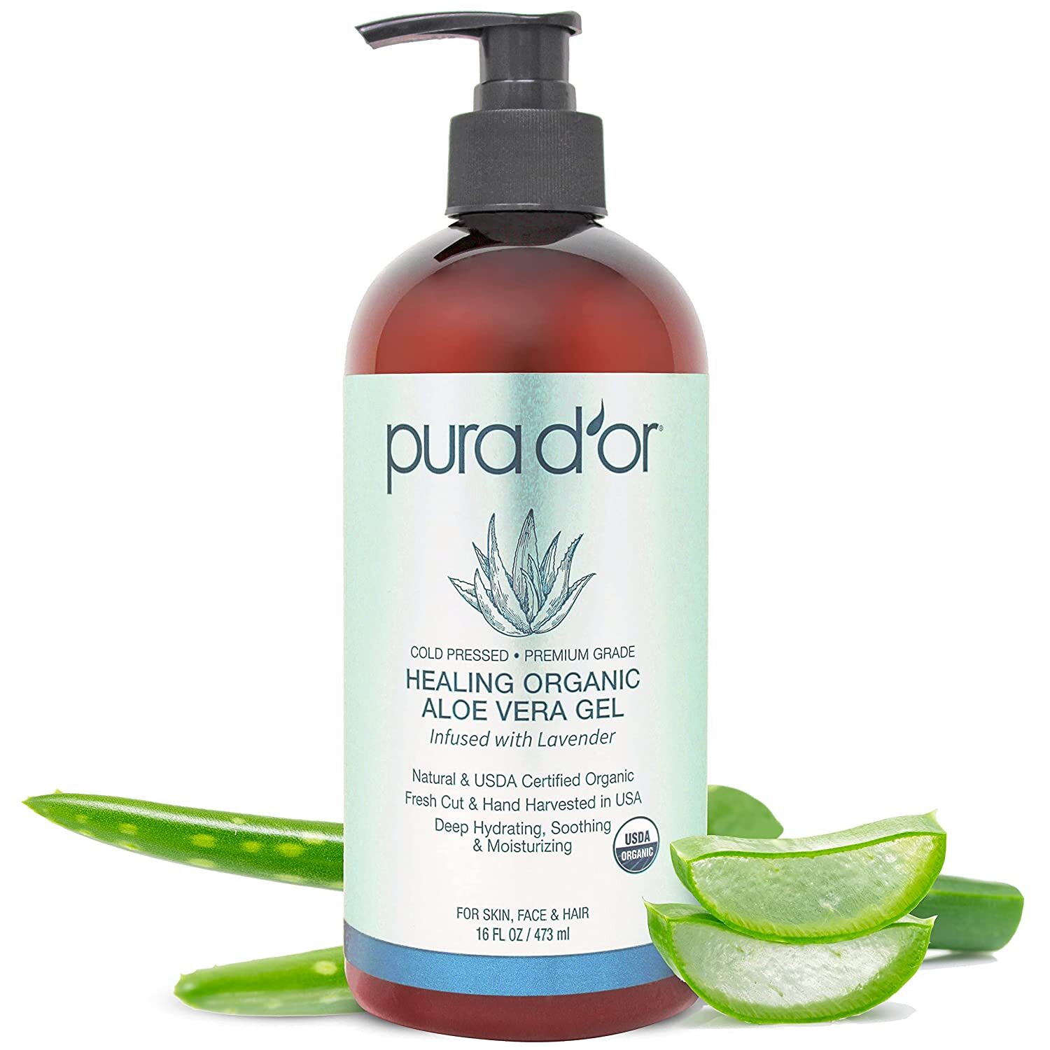 PURA D’OR Dor Organic Aloe Vera Gel 16oz Original Lavender for Face, Skin & Hair