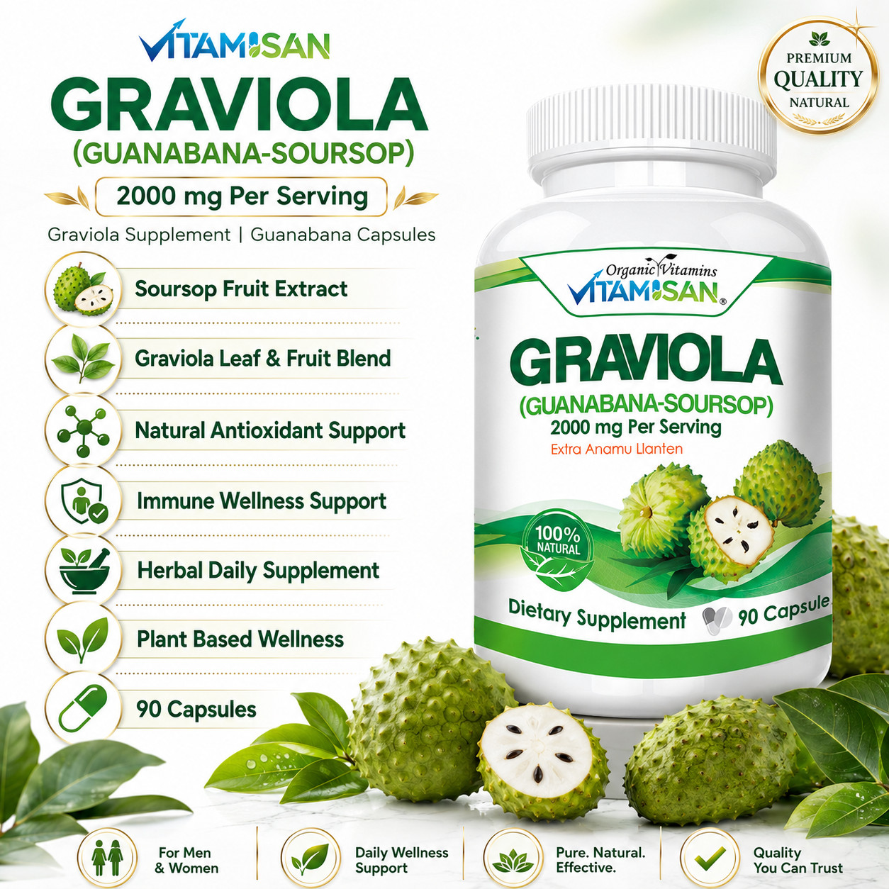 GRAVIOLA SOURSOP 2000 MG 3 BOTTLES PURE PER SERVING BOOSTER 270 CAPSULES ANNONA