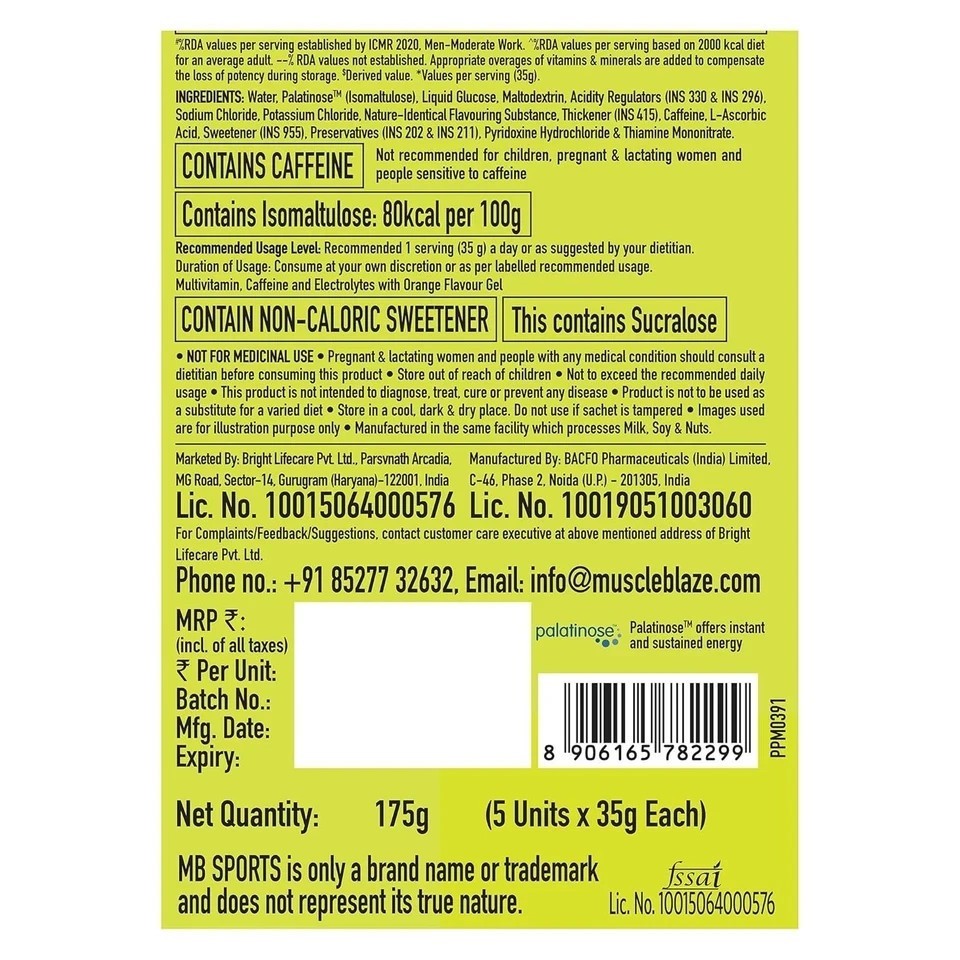 MuscleBlaze Sports Energy Gel For Instant Energy Boost Electrolytes & 75 Mg