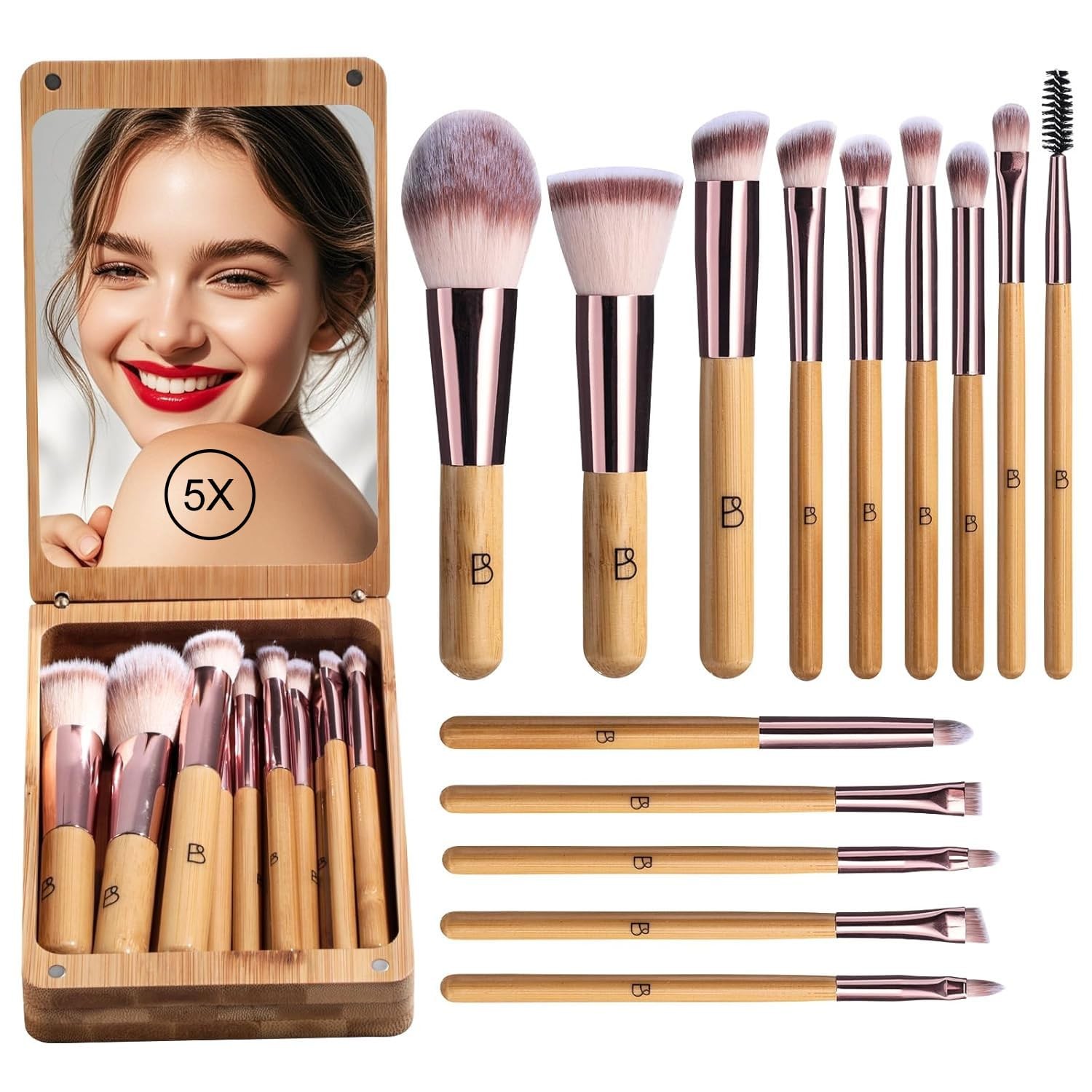 BS-MALL Bamboo Travel Makeup Brush Set w/ 5X Mirror, 14 Pcs
