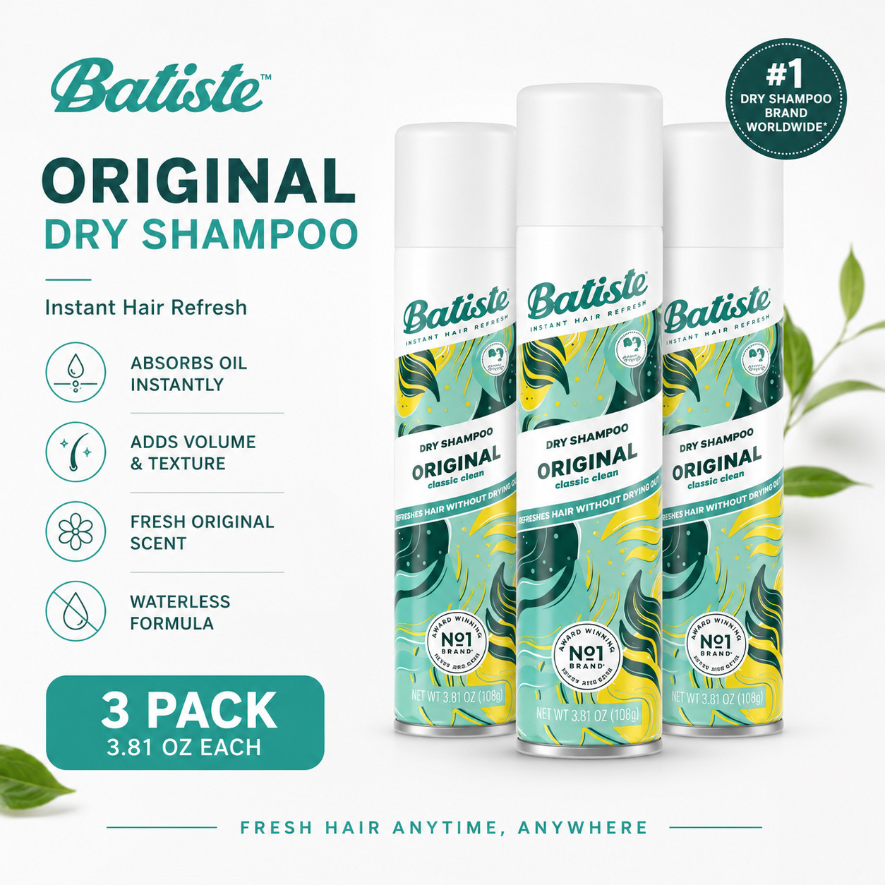 3 Pack Batiste Dry Shampoo Original Instant Hair Refresh 3.81 oz Each