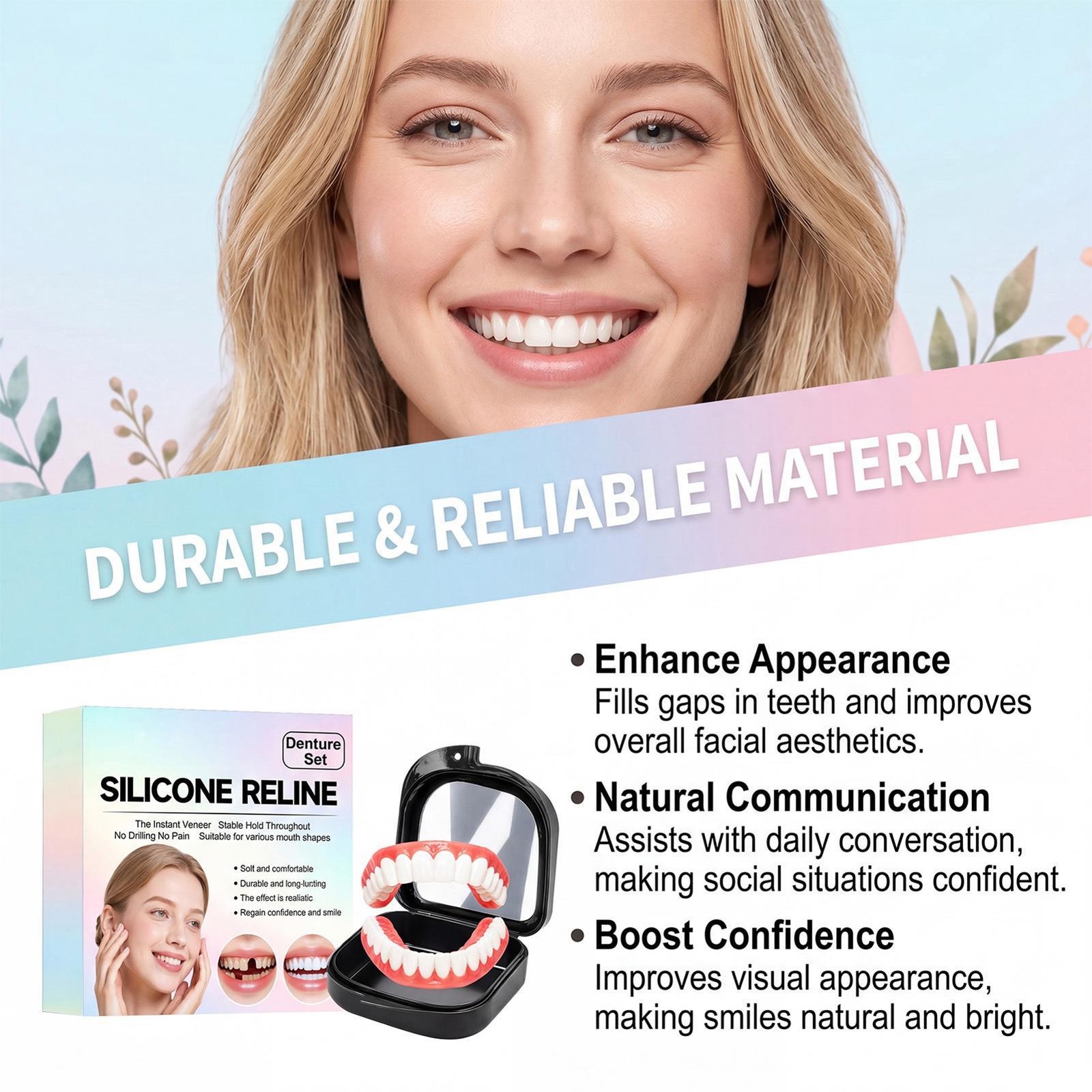 Silicone Denture Reline Kit with Full False Teeth Set Top Bottom Comfort Fit
