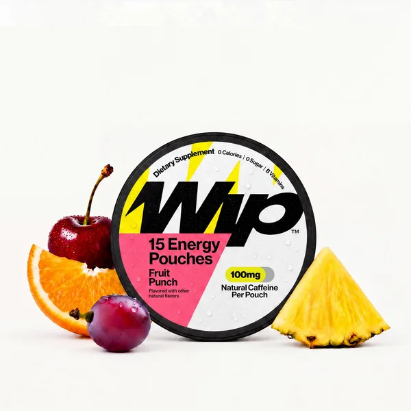 WIP Energy Pouches Fruit Punch 100 mg 15 Count Caffeine B Vitamins Sugar Free