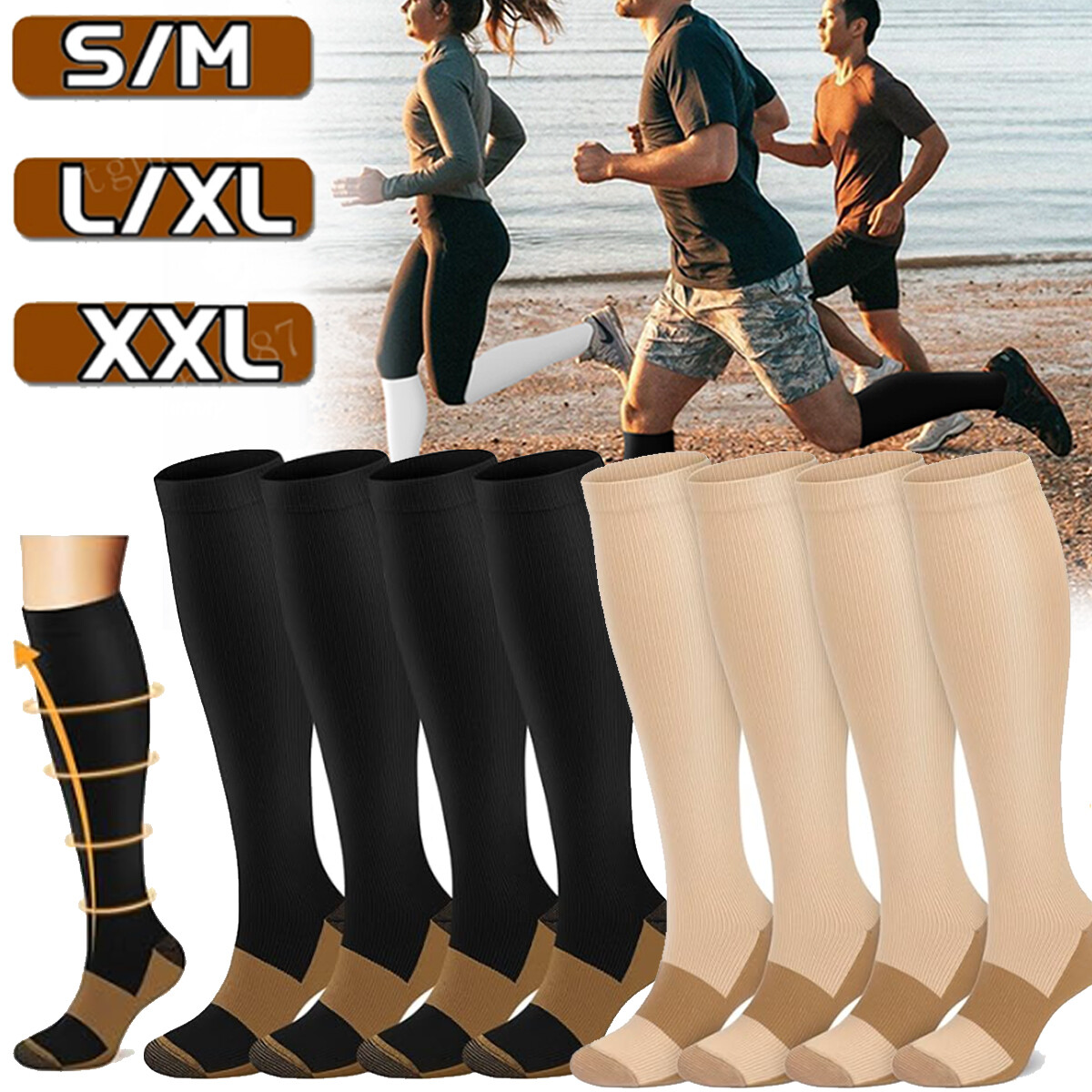 5/10Pairs Copper Compression Socks 20-30mmHg Graduated Support Mens Womens S-XXL
