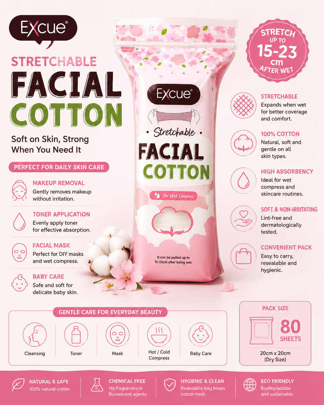 Stretchable Facial Cotton Pads 120 Sheets Wet Compress Makeup Cotton