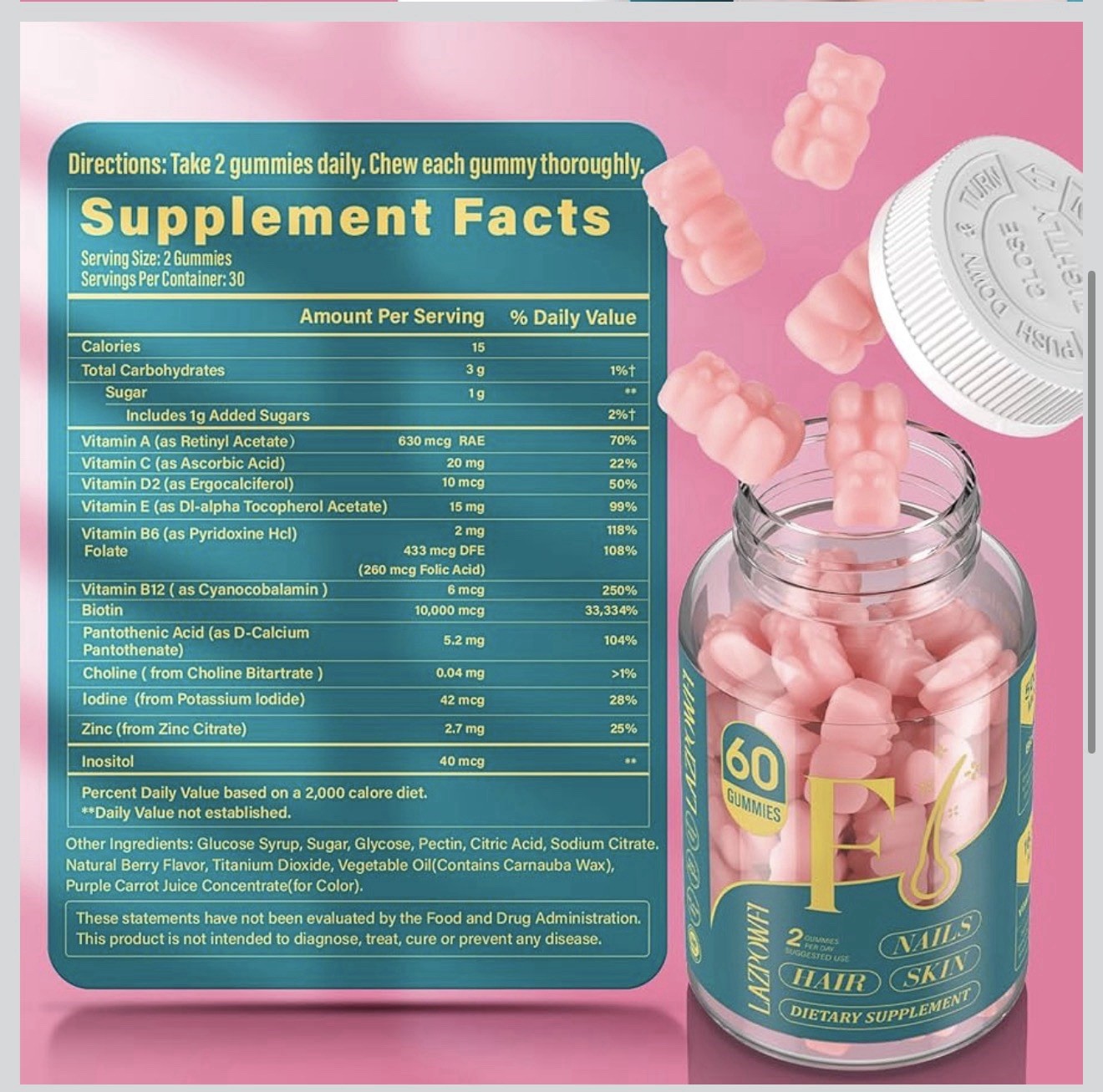 LAZPOWF Hair Skin Nails Biotin Gummies 10,000mcg 60ct Vegan Gluten-Free Berry
