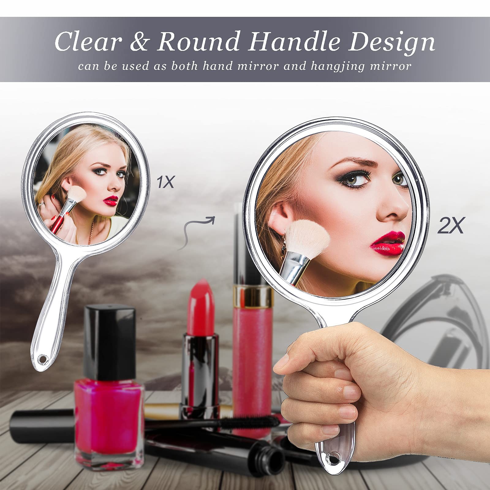 Jetec Hand Mirror Double-Sided Handheld 1X/ 2X 8.3″L x 4.5″W, Clear