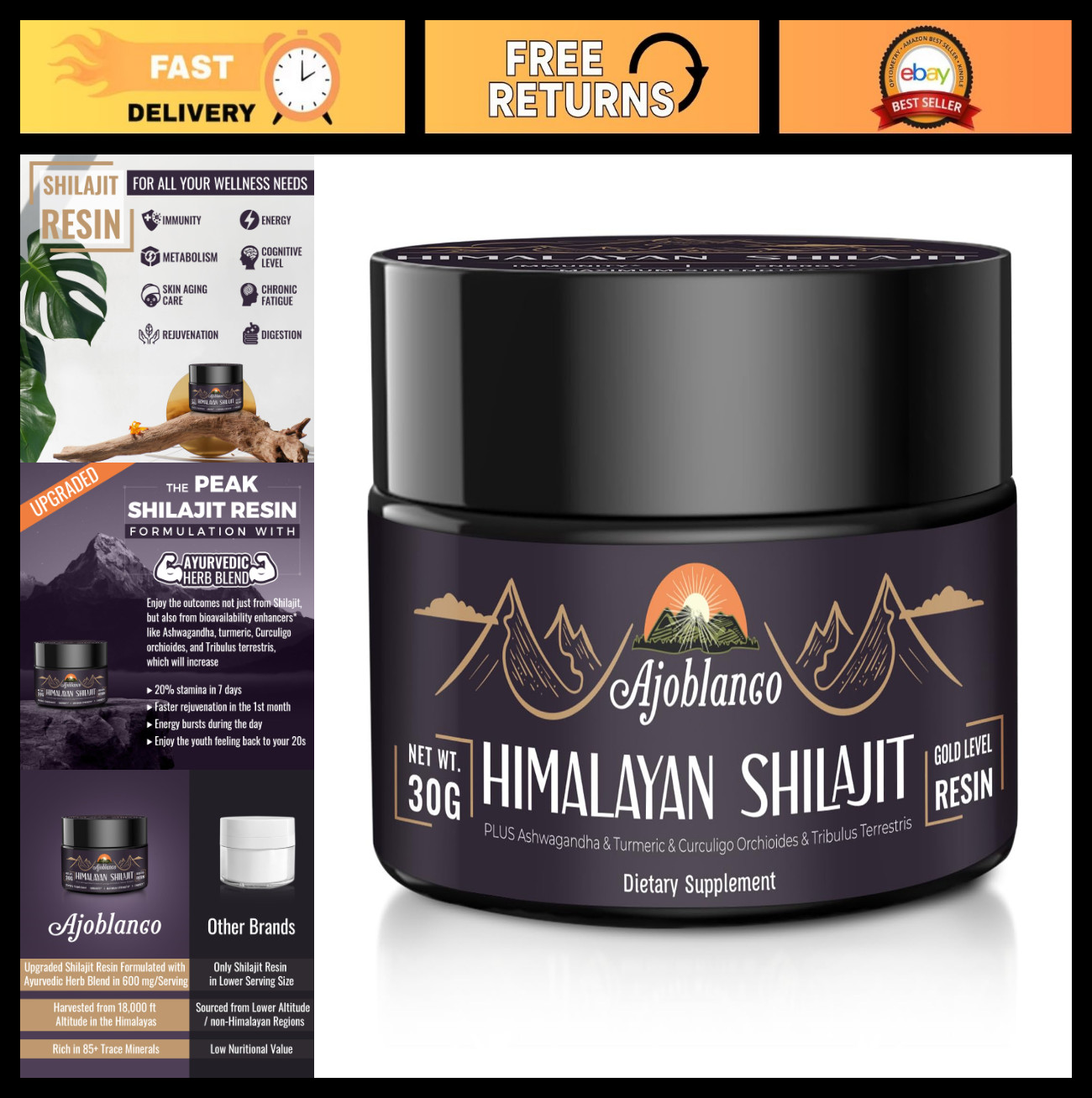 Pure Himalayan Shilajit Resin 600mg – Organic Ayurvedic Blend for Energy & Immun